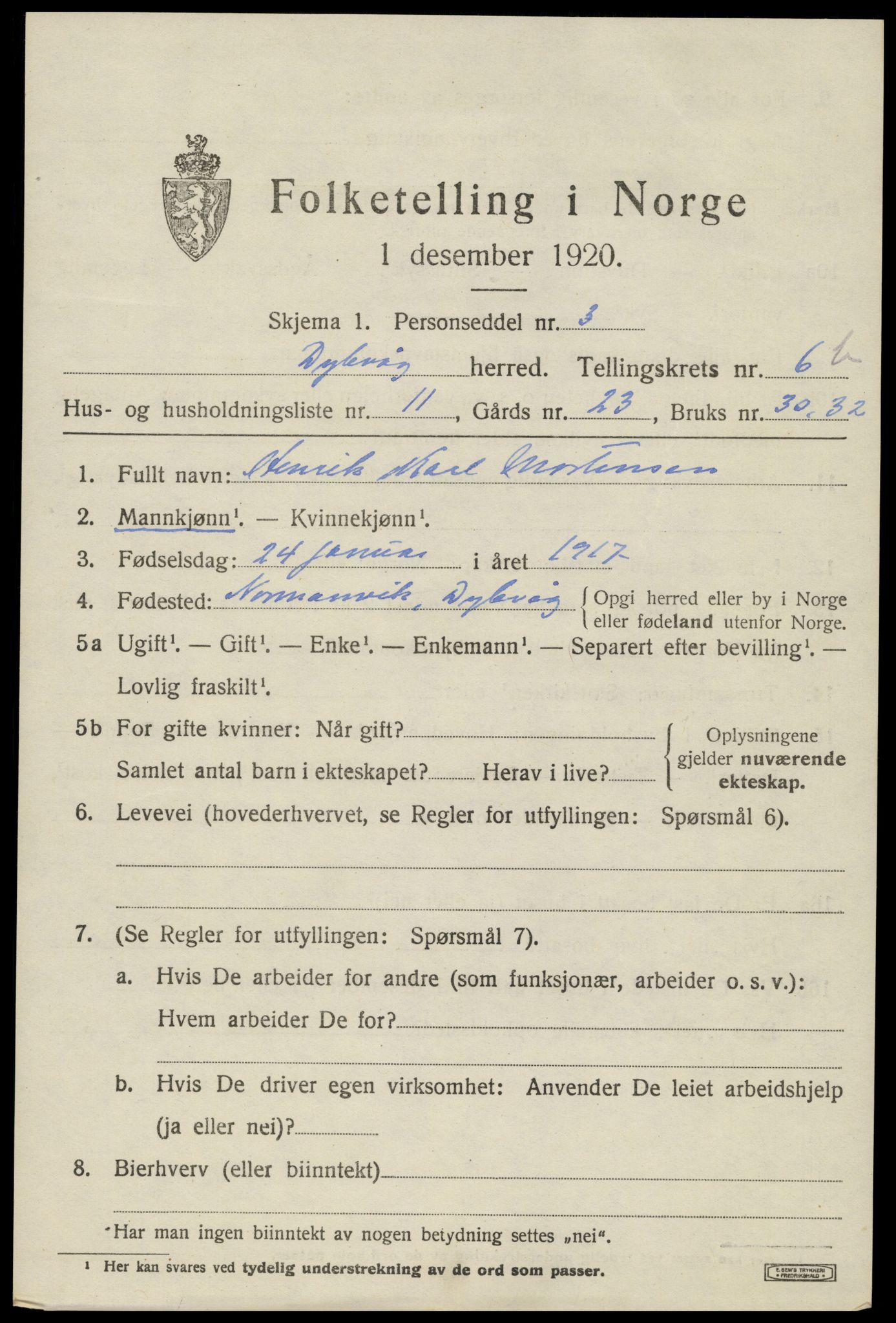 SAK, 1920 census for Dypvåg, 1920, p. 5531