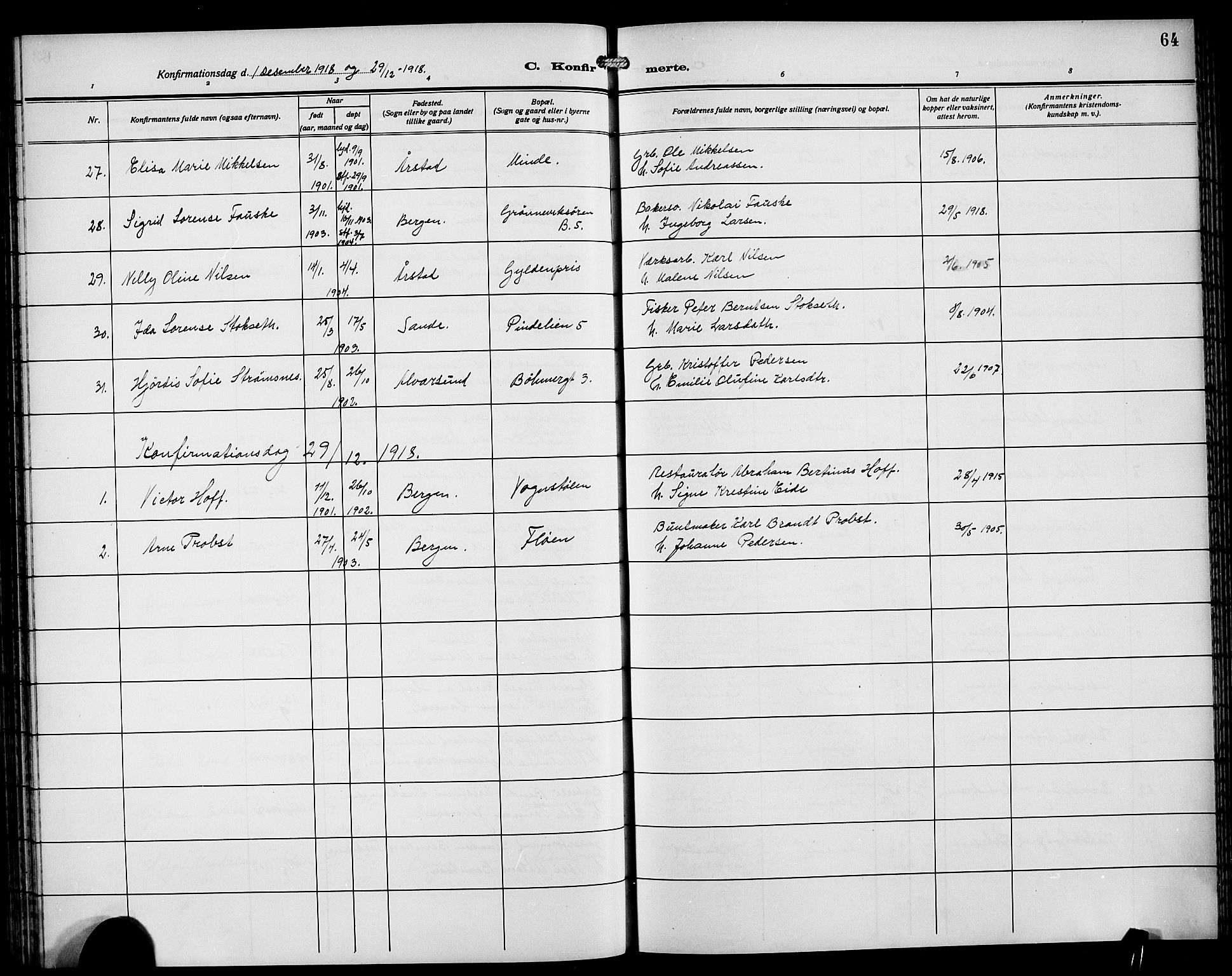 Årstad Sokneprestembete, AV/SAB-A-79301/H/Hab/L0013: Parish register (copy) no. B 3, 1914-1923, p. 64