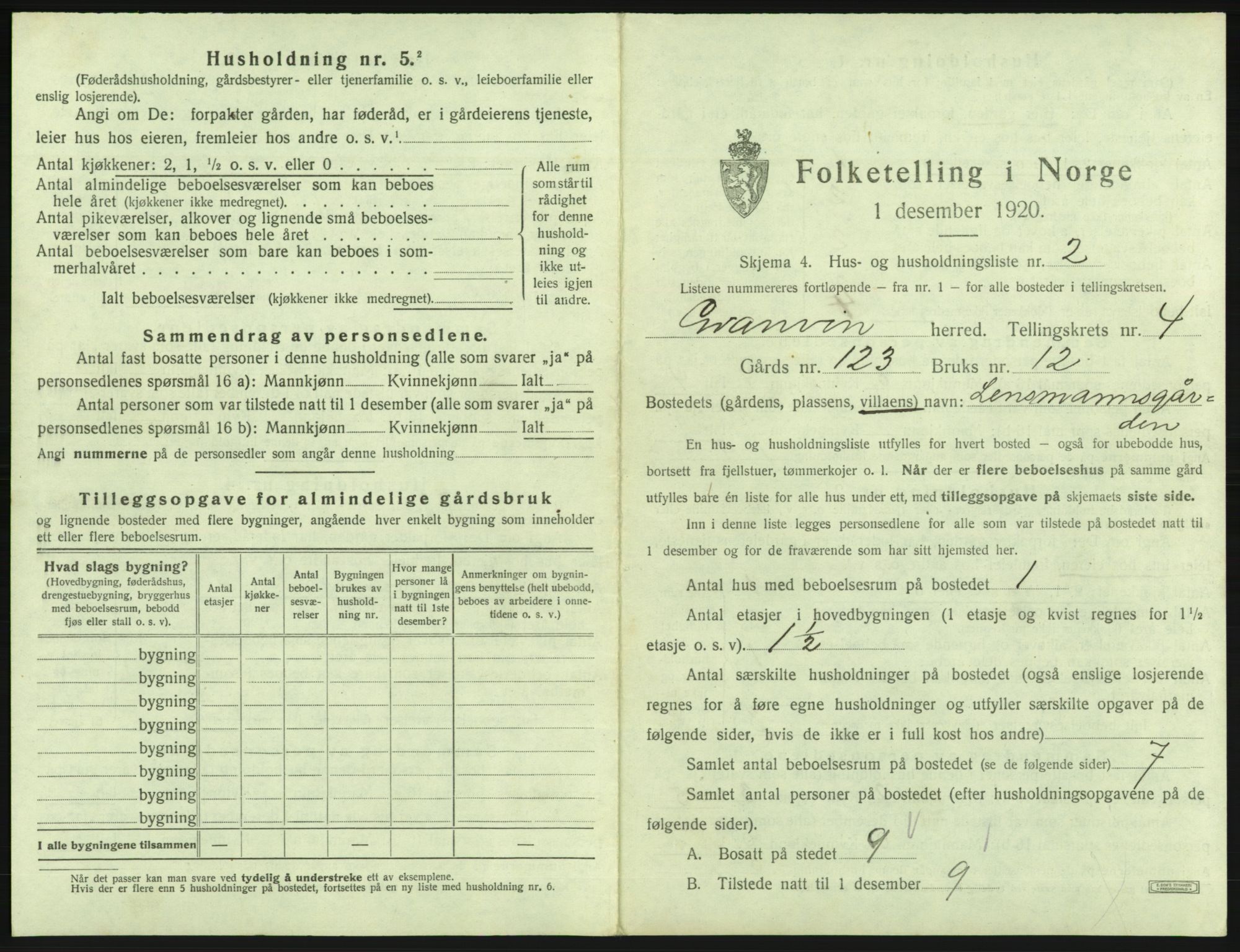 SAB, 1920 census for Granvin, 1920, p. 233