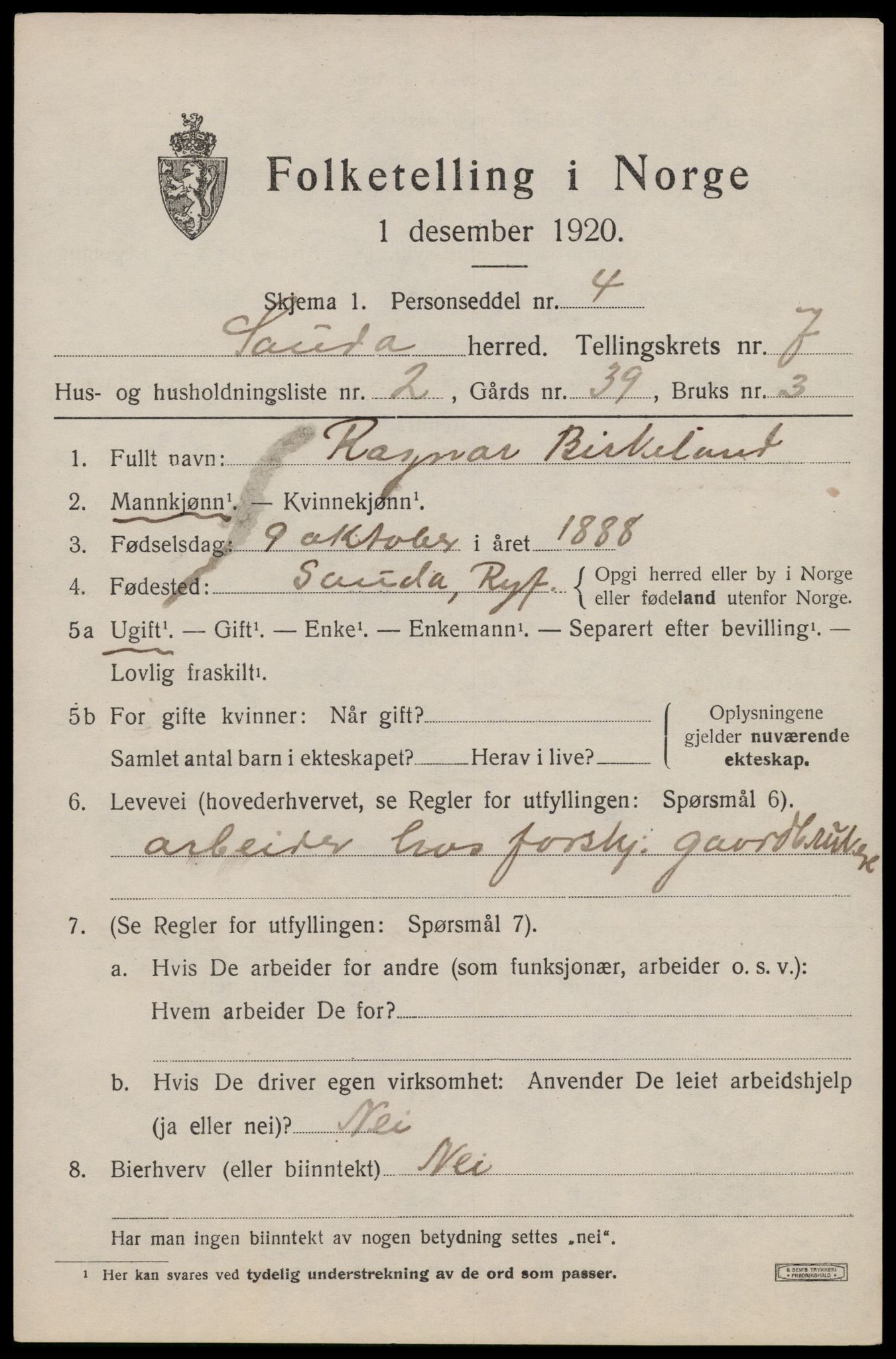 SAST, 1920 census for Sauda, 1920, p. 4110