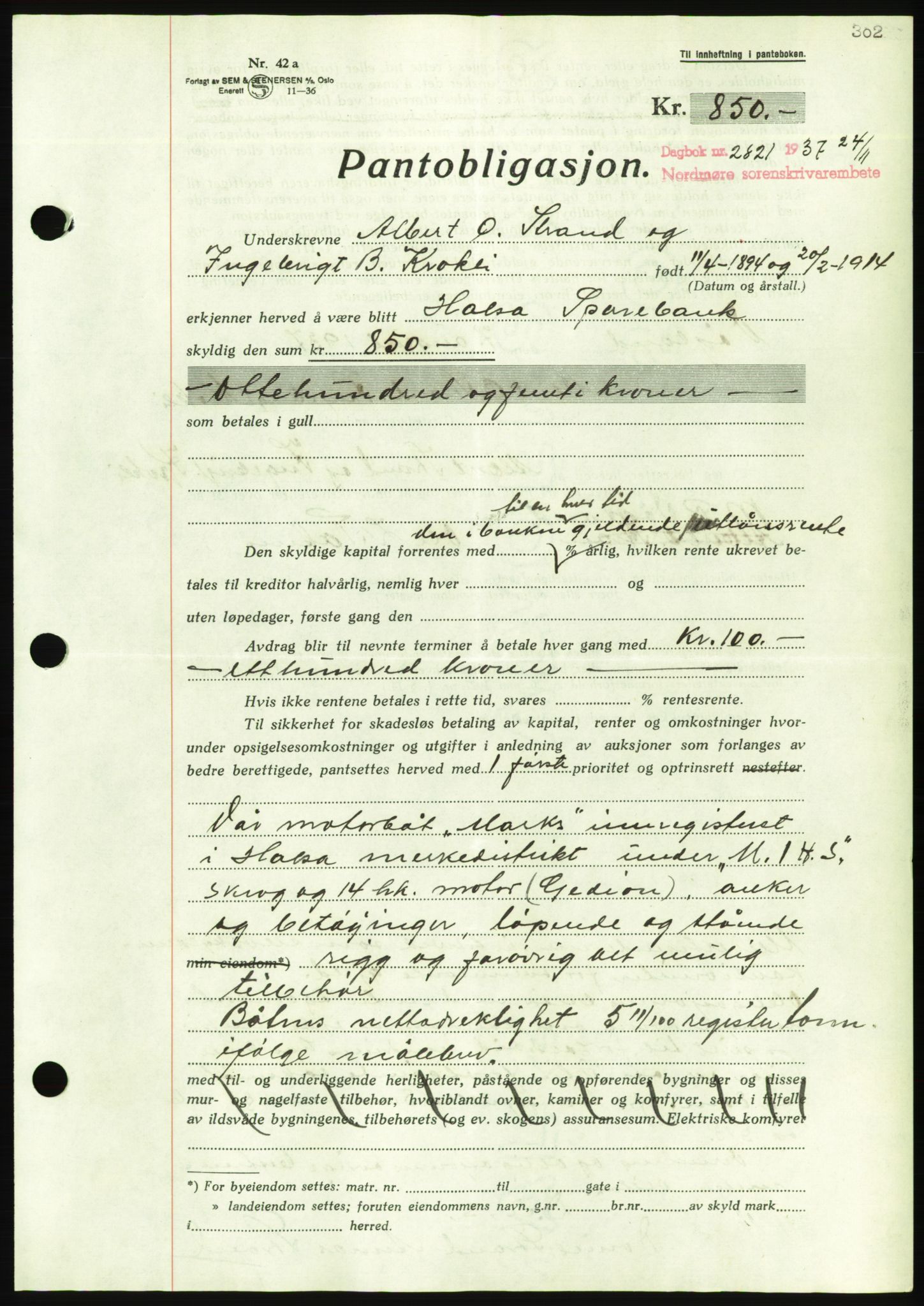 Nordmøre sorenskriveri, AV/SAT-A-4132/1/2/2Ca/L0092: Mortgage book no. B82, 1937-1938, Diary no: : 2821/1937