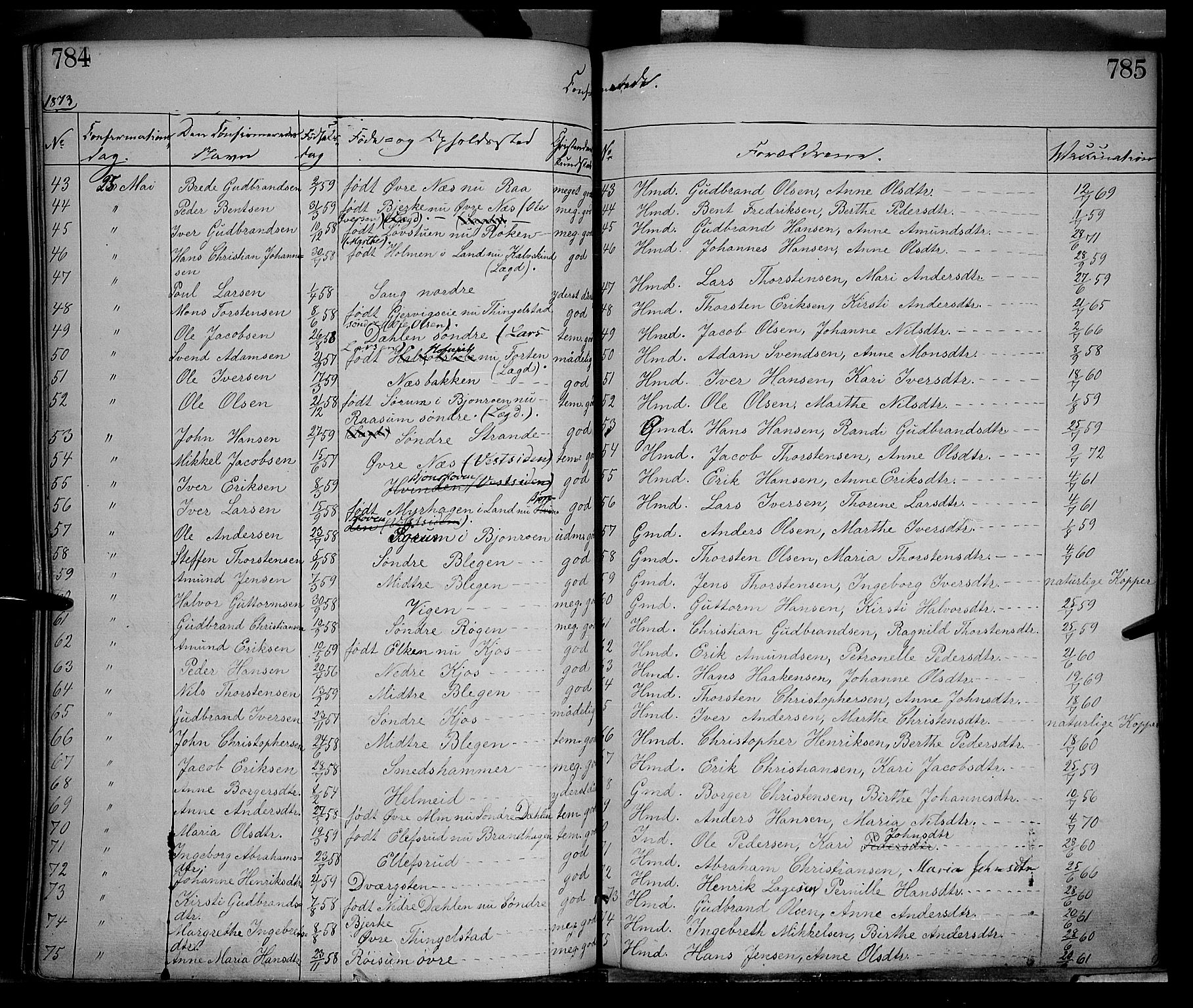 Gran prestekontor, AV/SAH-PREST-112/H/Ha/Haa/L0012: Parish register (official) no. 12, 1856-1874, p. 784-785