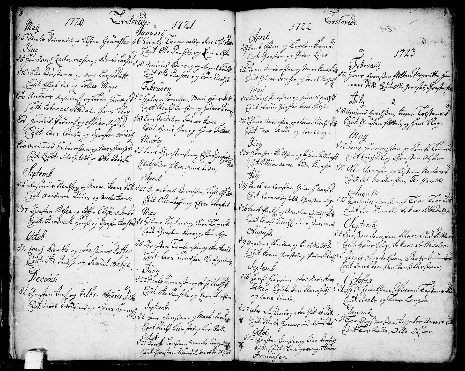 Bamble kirkebøker, AV/SAKO-A-253/F/Fa/L0001: Parish register (official) no. I 1, 1702-1774, p. 8-9