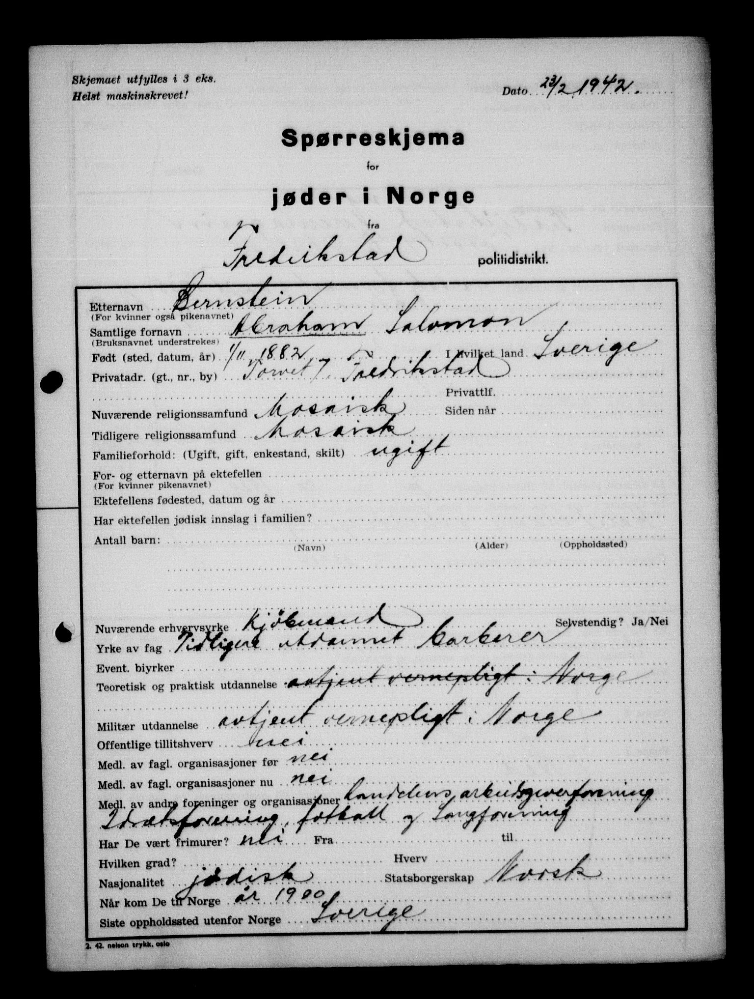 Statspolitiet - Hovedkontoret / Osloavdelingen, AV/RA-S-1329/G/Ga/L0012: Spørreskjema for jøder i Norge. 1: Aker 114- 207 (Levinson-Wozak) og 656 (Salomon). 2: Arendal-Hordaland. 3: Horten-Romerike.  , 1942, p. 475