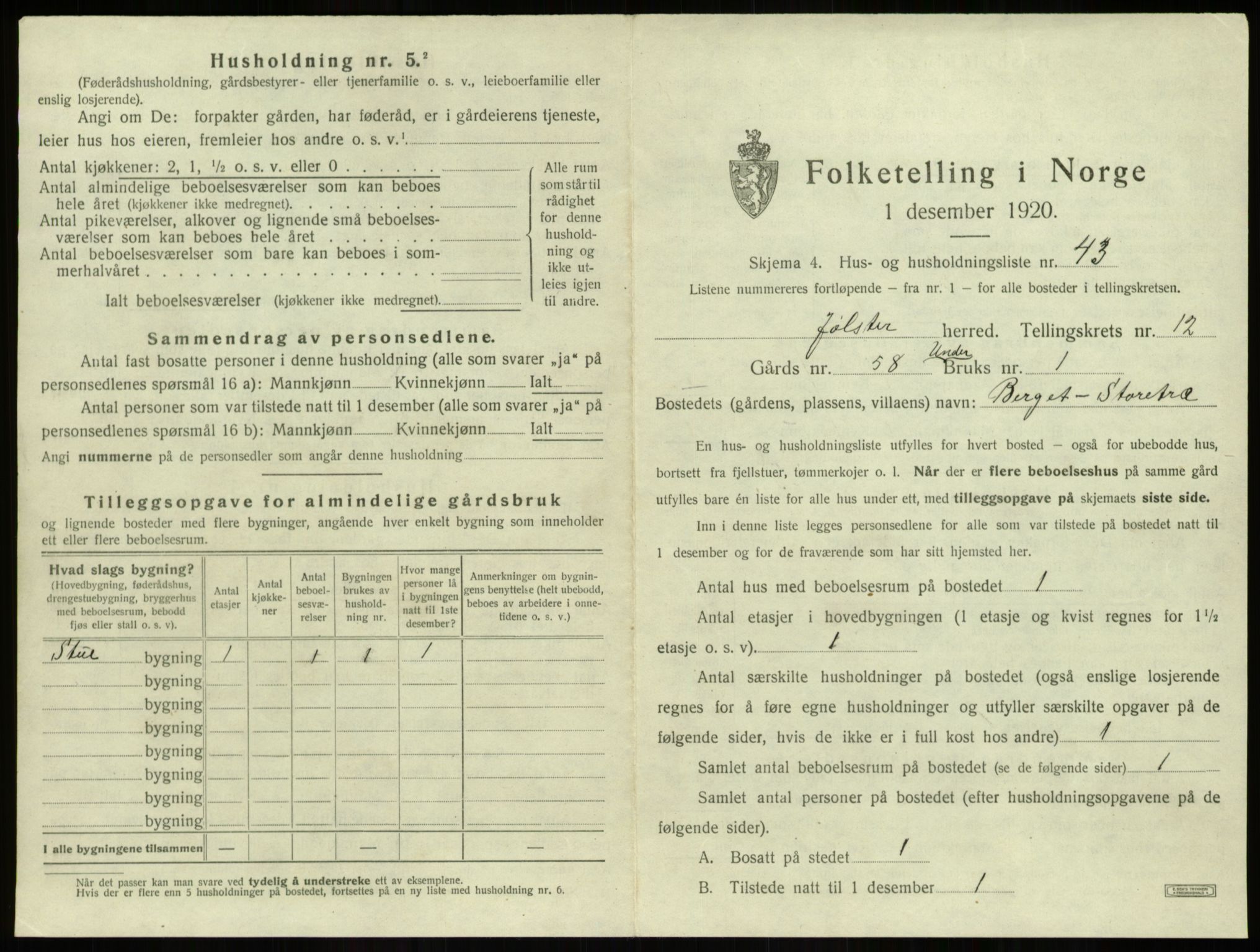 SAB, 1920 census for Jølster, 1920, p. 846