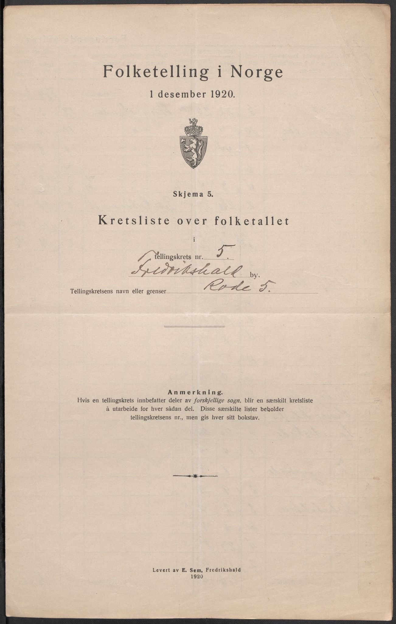 SAO, 1920 census for Fredrikshald, 1920, p. 18