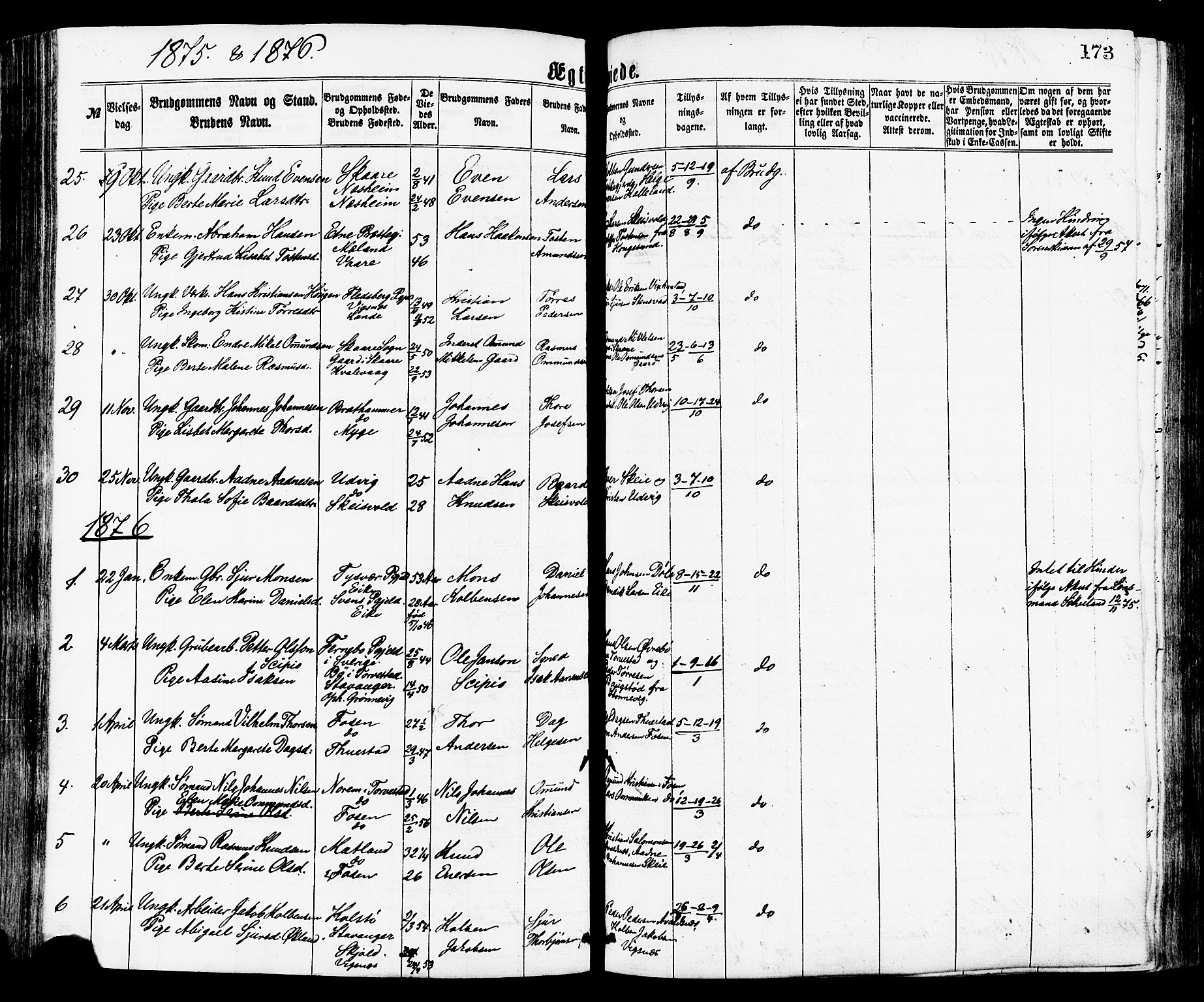 Avaldsnes sokneprestkontor, AV/SAST-A -101851/H/Ha/Haa/L0012: Parish register (official) no. A 12, 1865-1880, p. 173