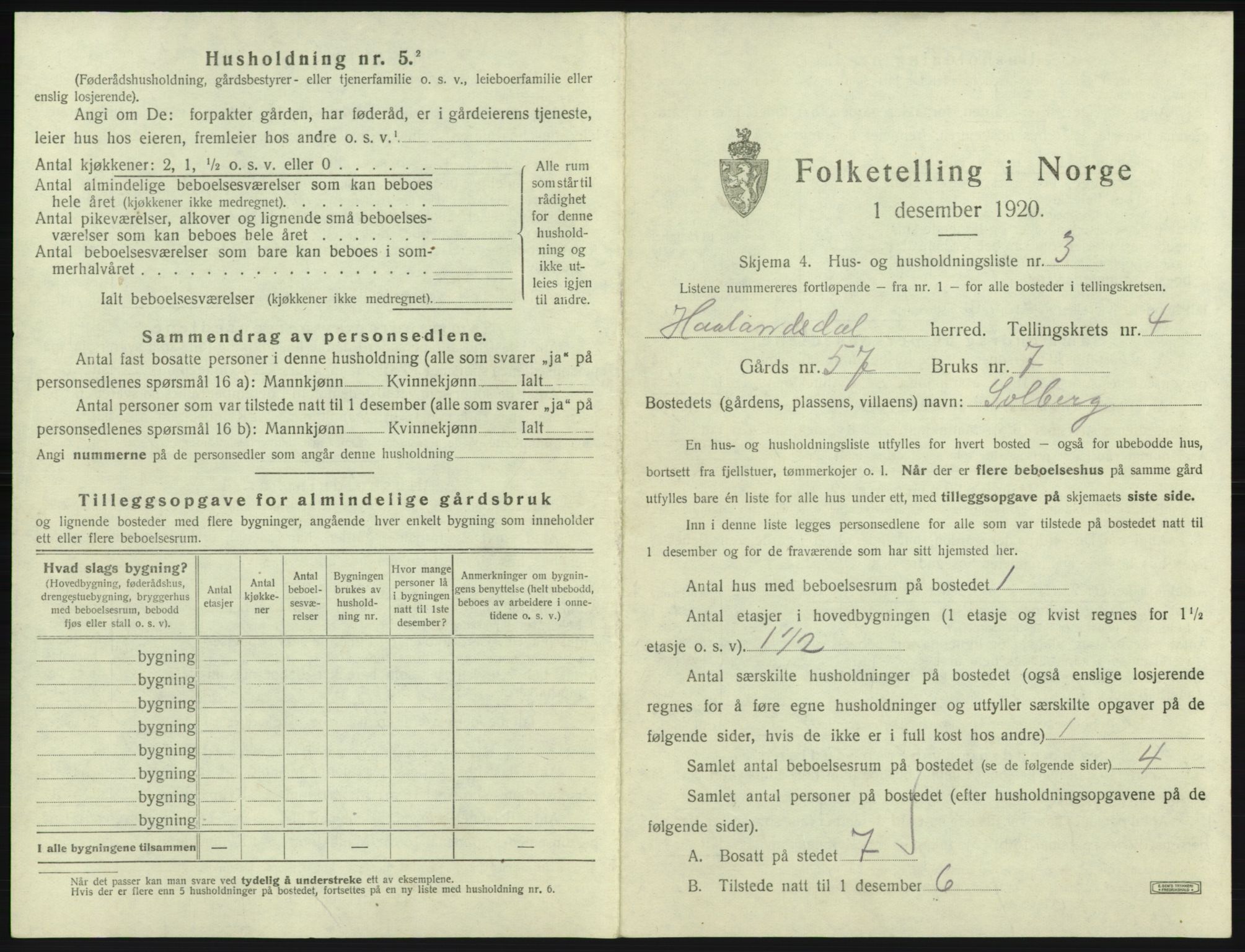 SAB, 1920 census for Hålandsdal, 1920, p. 126