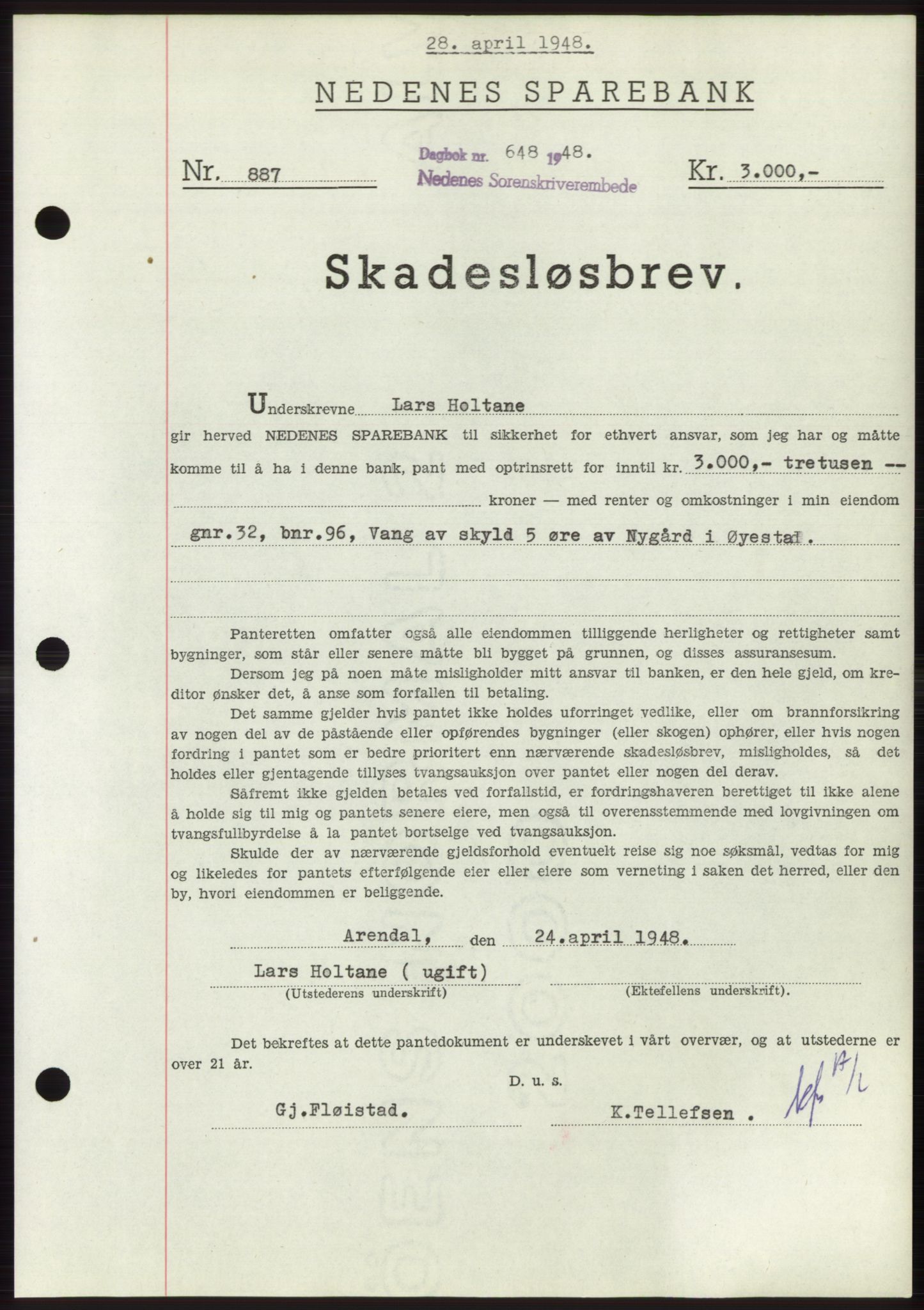 Nedenes sorenskriveri, AV/SAK-1221-0006/G/Gb/Gbb/L0005: Mortgage book no. B5, 1948-1948, Diary no: : 648/1948