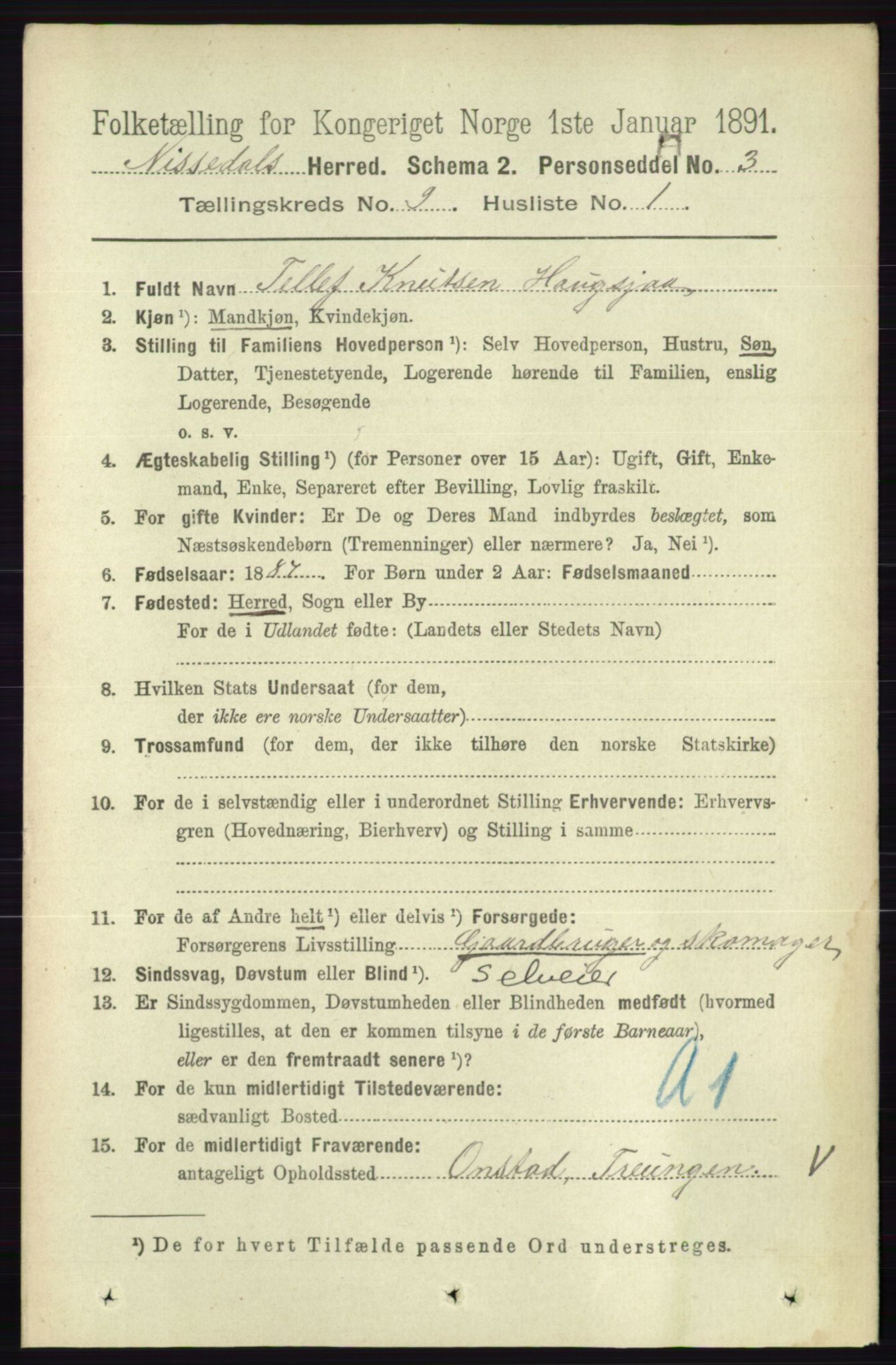 RA, 1891 census for 0830 Nissedal, 1891, p. 1844