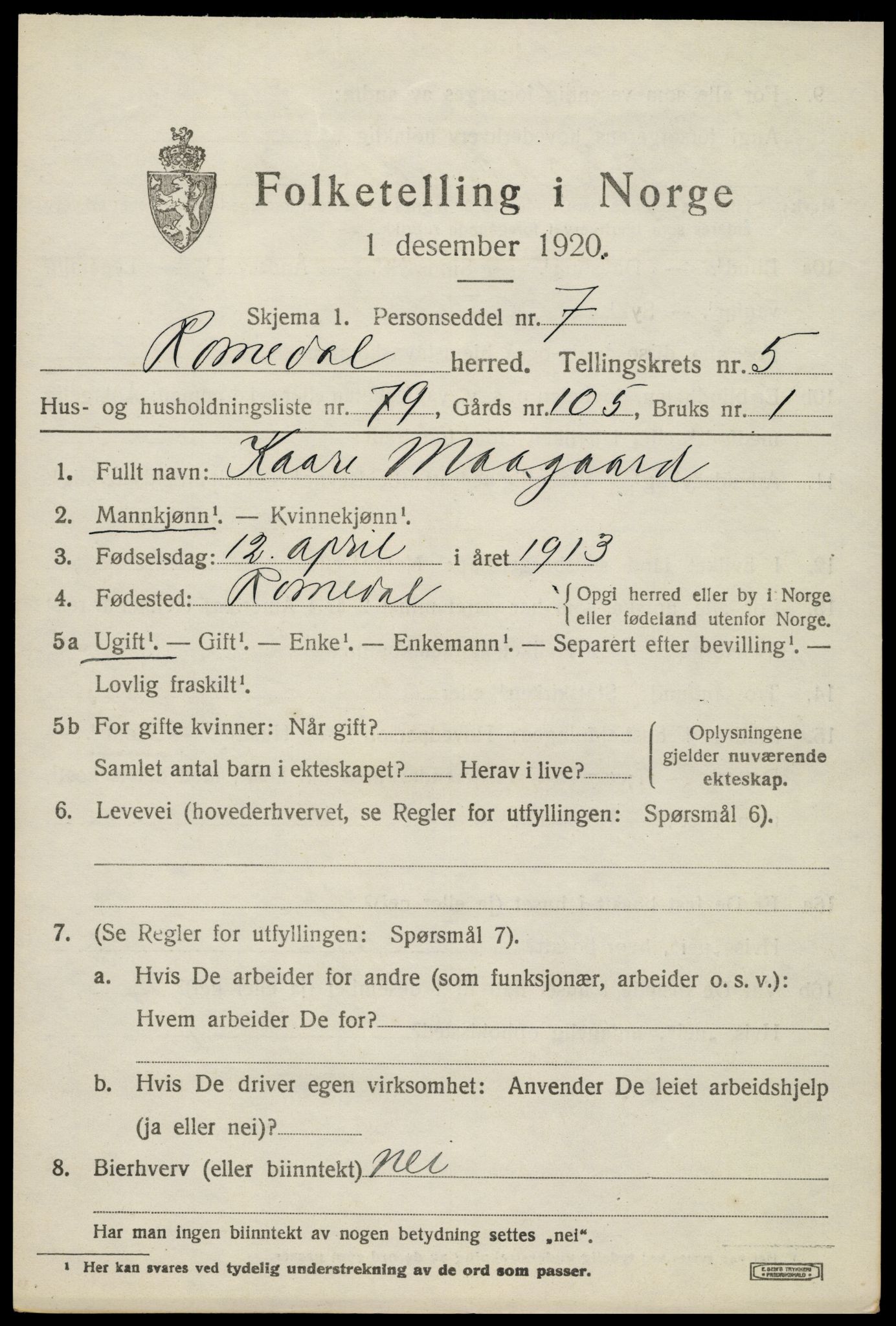 SAH, 1920 census for Romedal, 1920, p. 7757