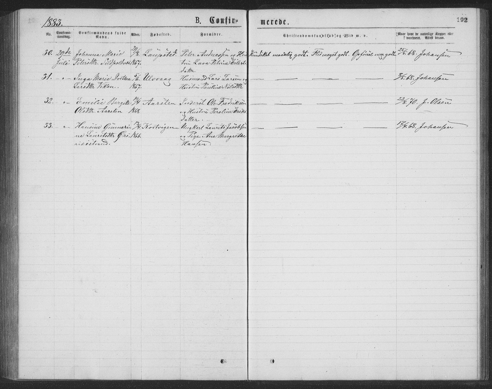 Ministerialprotokoller, klokkerbøker og fødselsregistre - Nordland, AV/SAT-A-1459/874/L1075: Parish register (copy) no. 874C04, 1876-1883, p. 192