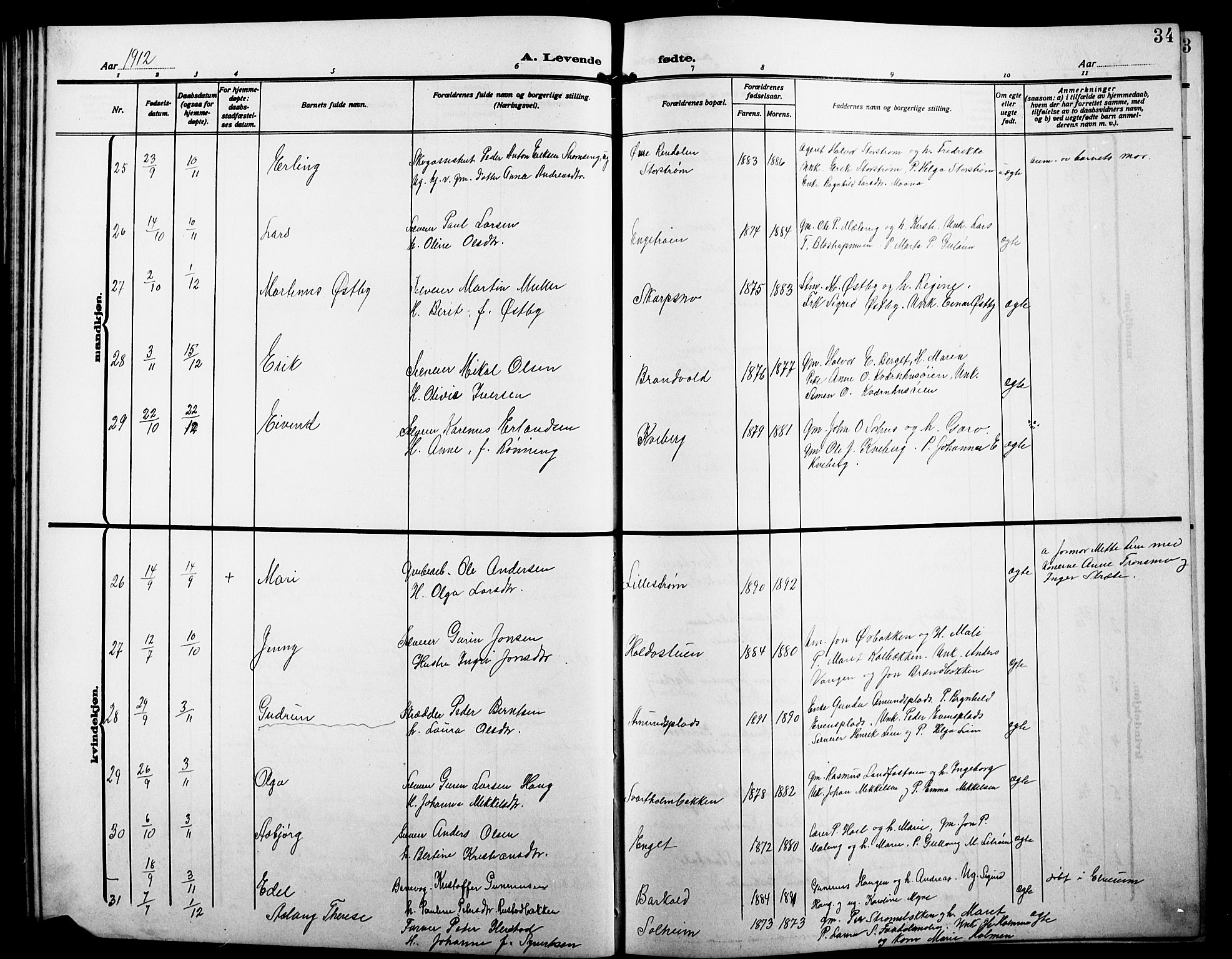 Alvdal prestekontor, AV/SAH-PREST-060/H/Ha/Hab/L0005: Parish register (copy) no. 5, 1908-1923, p. 34