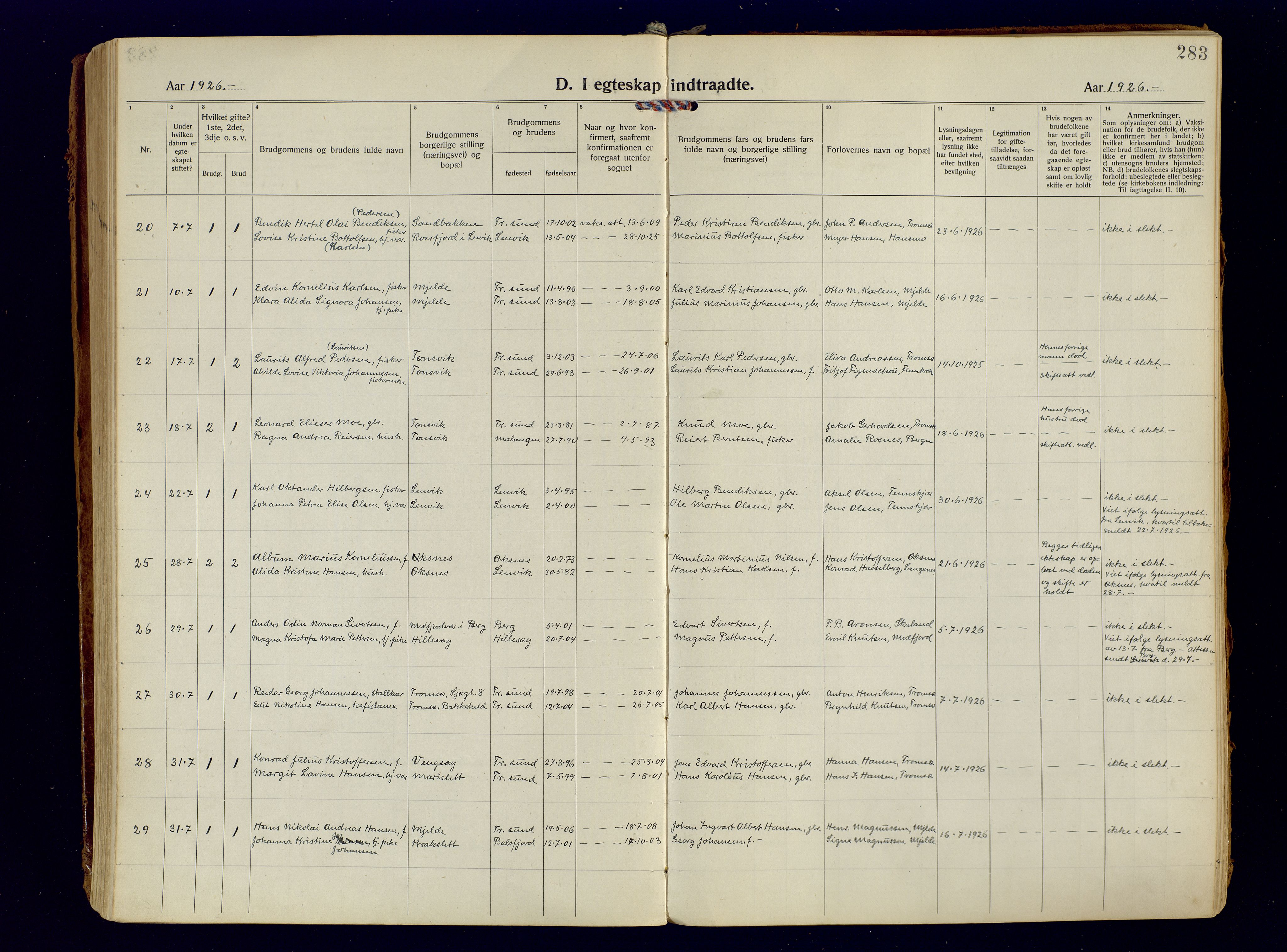 Tromsøysund sokneprestkontor, AV/SATØ-S-1304/G/Ga/L0009kirke: Parish register (official) no. 9, 1922-1934, p. 283