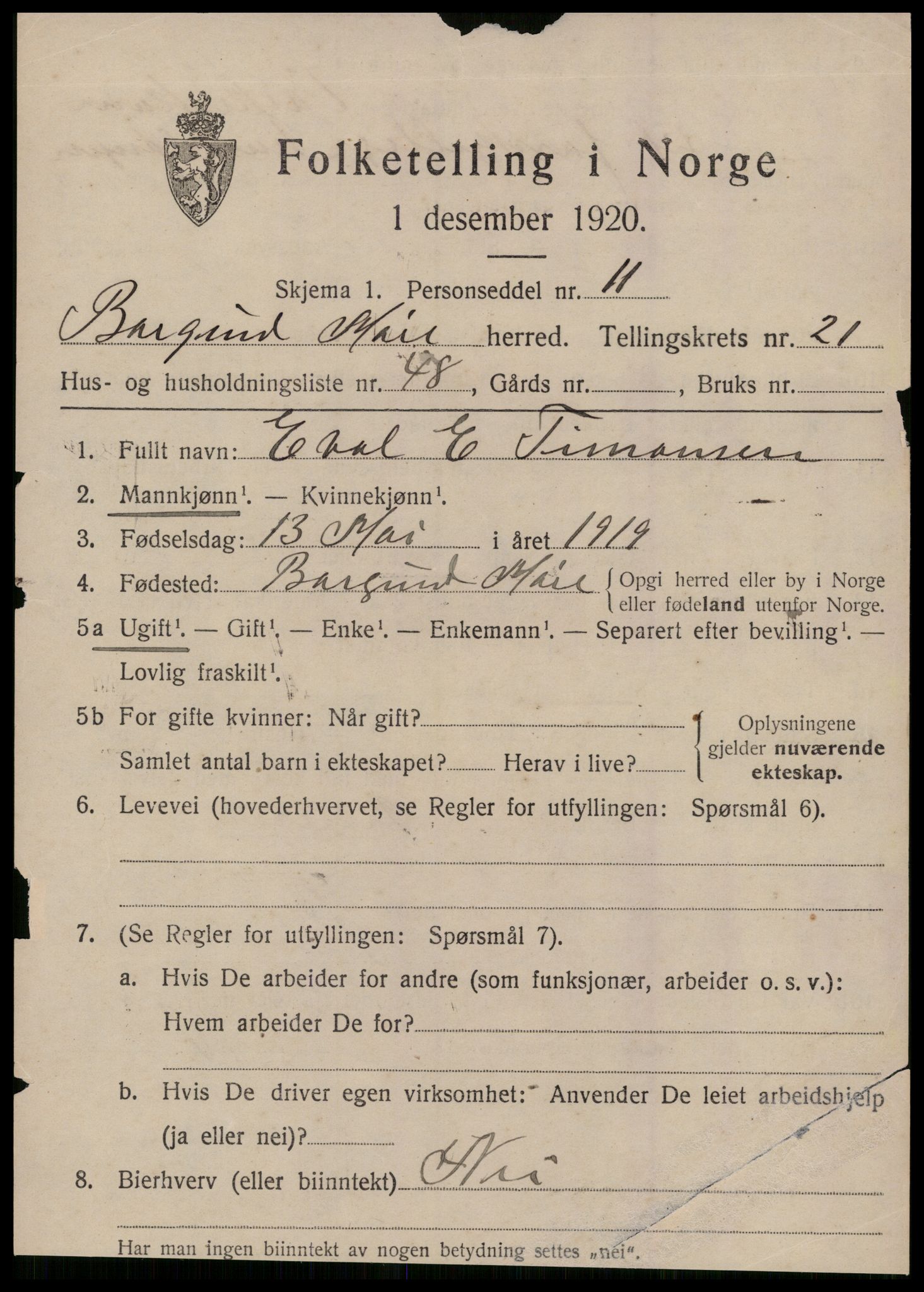 SAT, 1920 census for Borgund, 1920, p. 15054