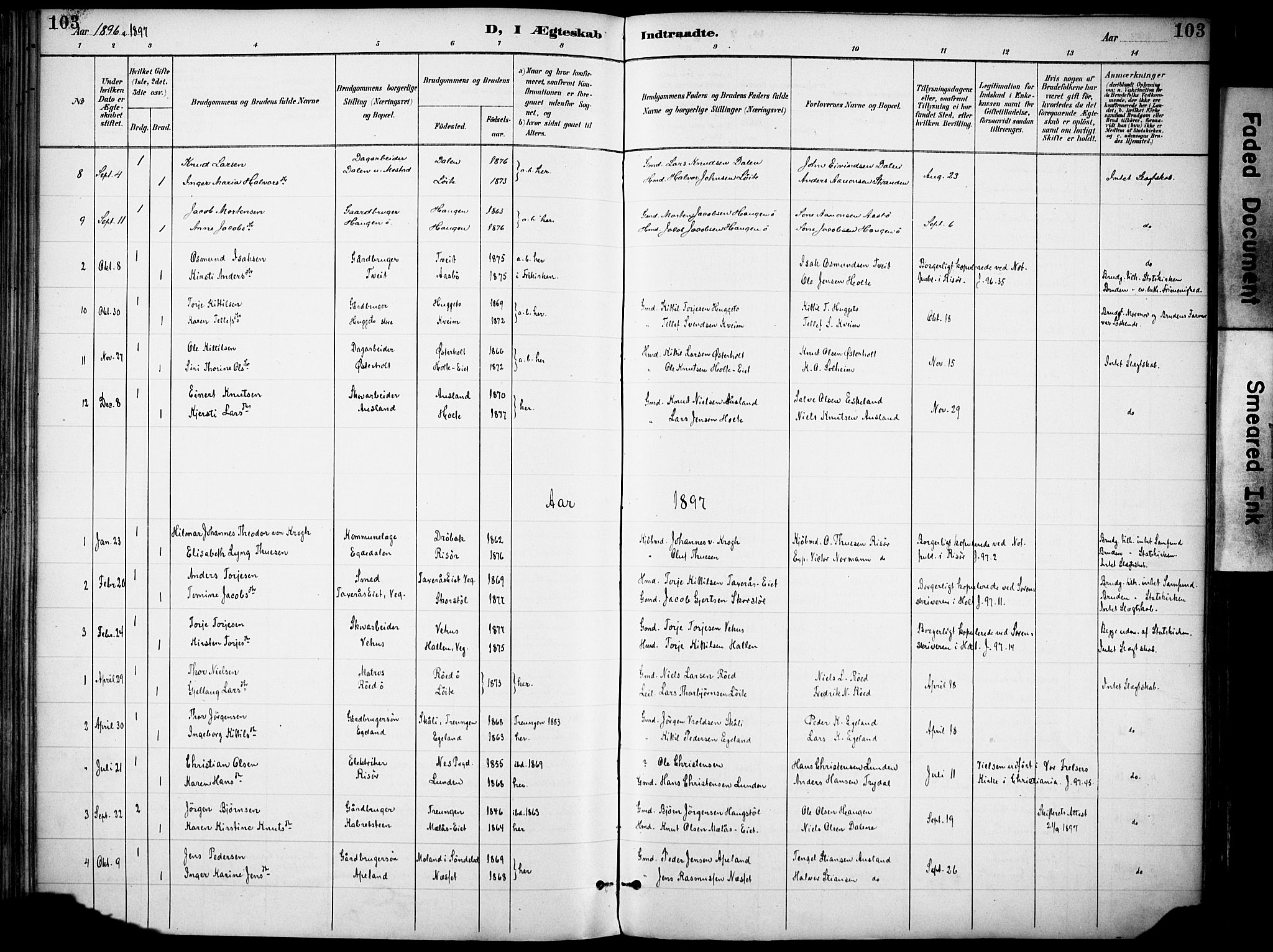 Gjerstad sokneprestkontor, SAK/1111-0014/F/Fa/Faa/L0010: Parish register (official) no. A 10, 1891-1902, p. 103