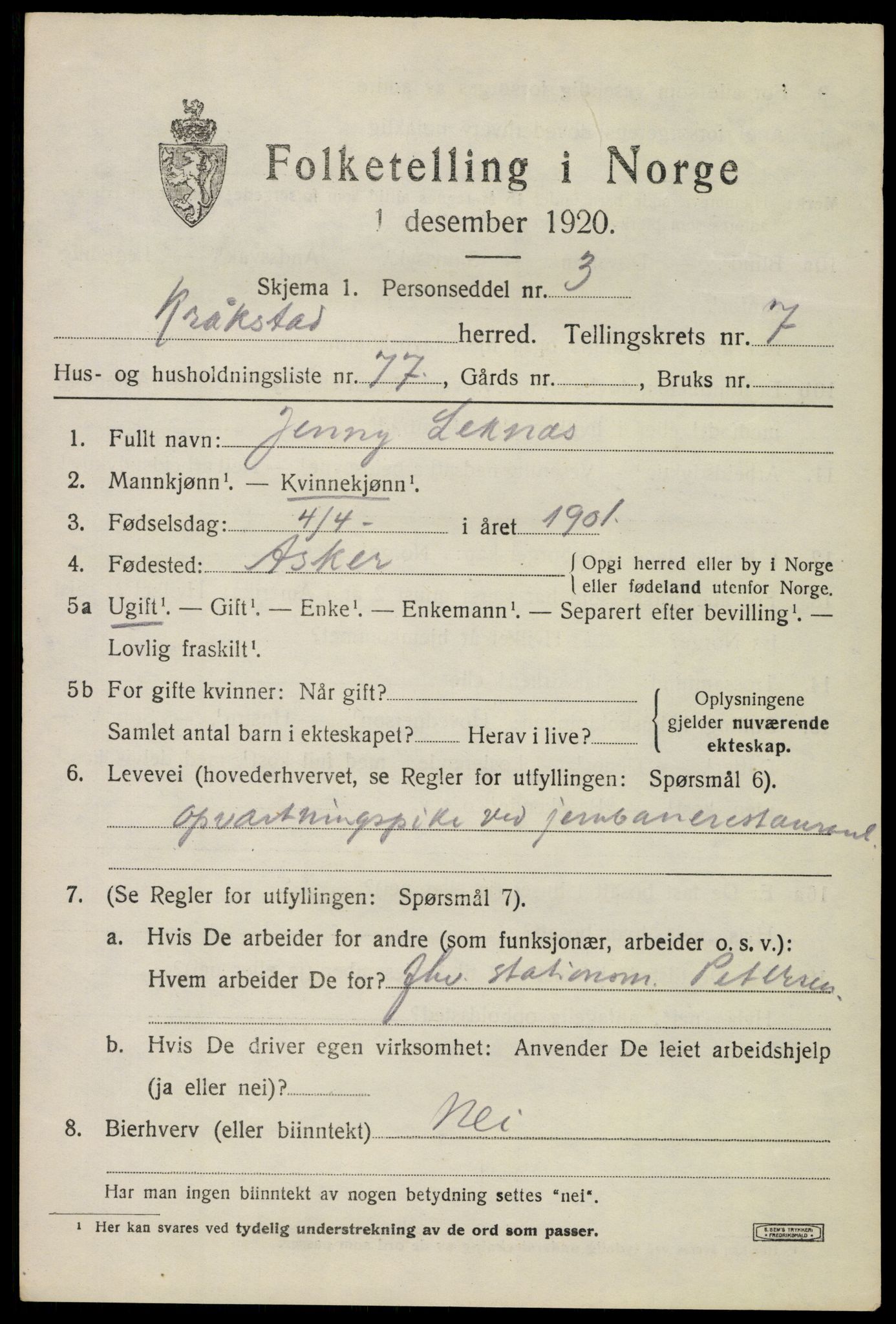 SAO, 1920 census for Kråkstad, 1920, p. 8145