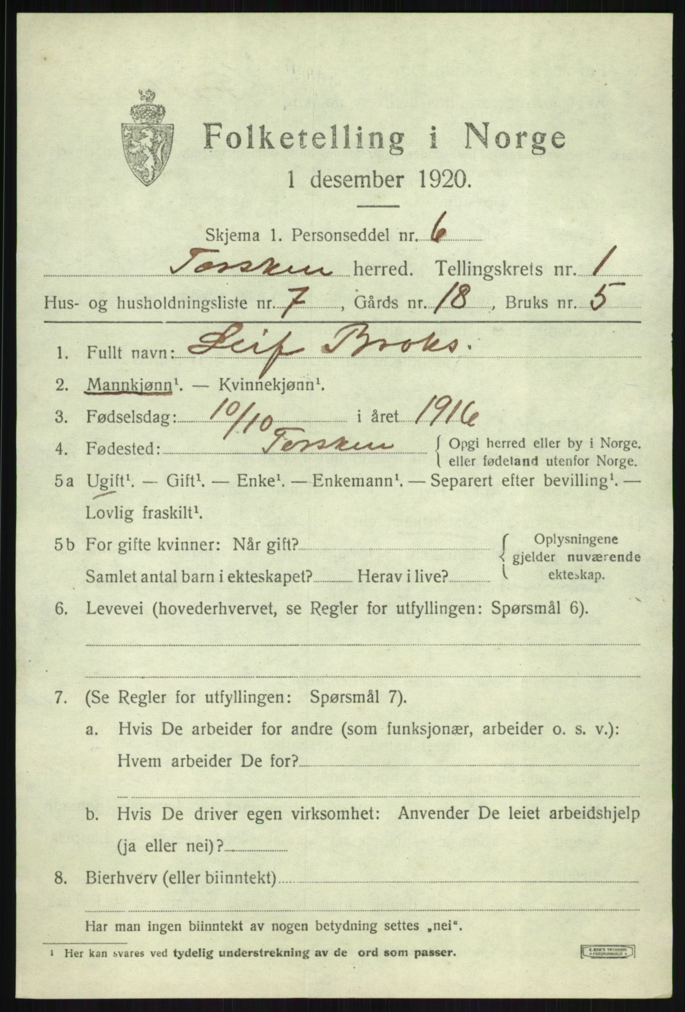 SATØ, 1920 census for Torsken, 1920, p. 629