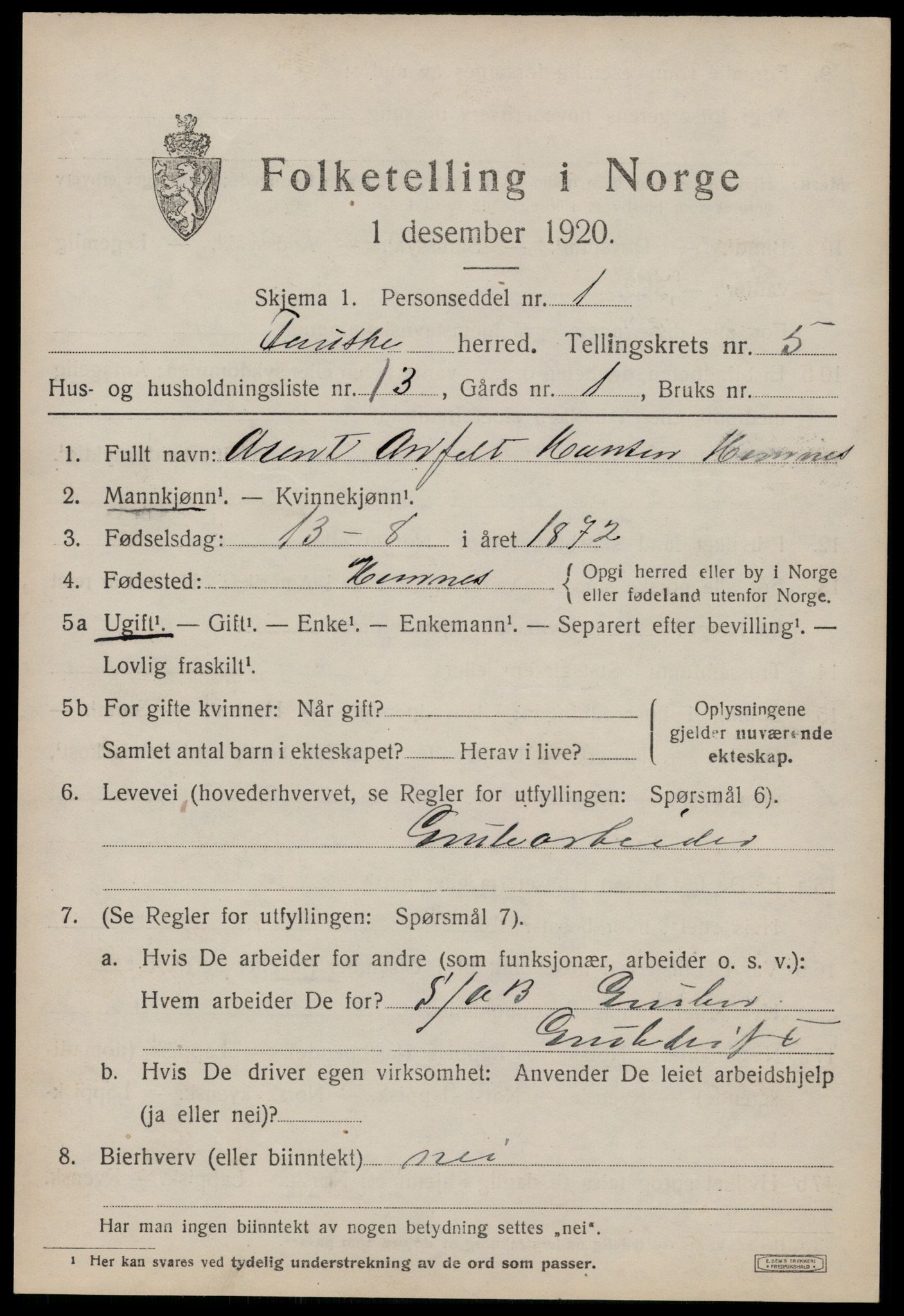 SAT, 1920 census for Fauske, 1920, p. 5424