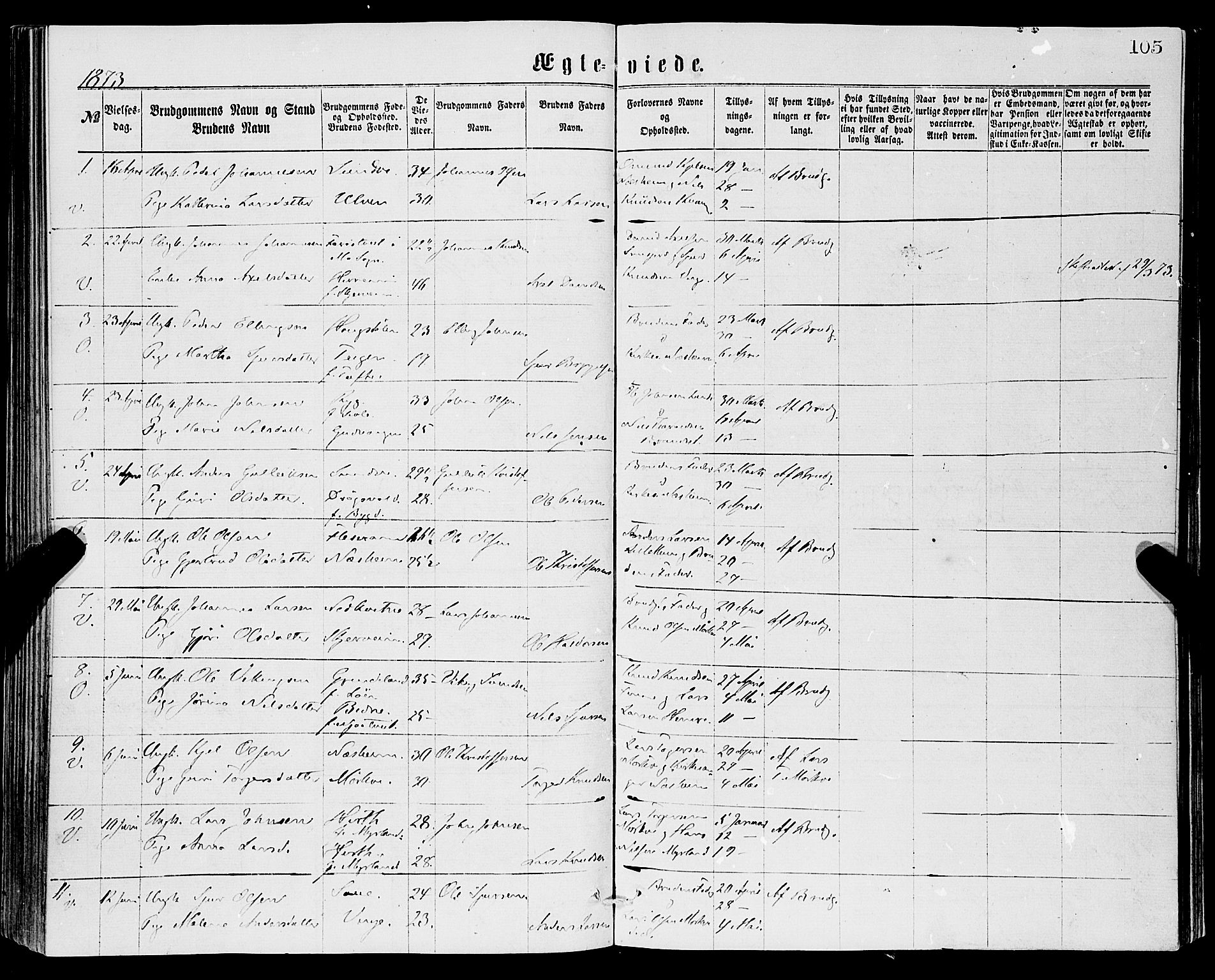 Vossestrand Sokneprestembete, SAB/A-79101/H/Haa: Parish register (official) no. A 1, 1866-1877, p. 105