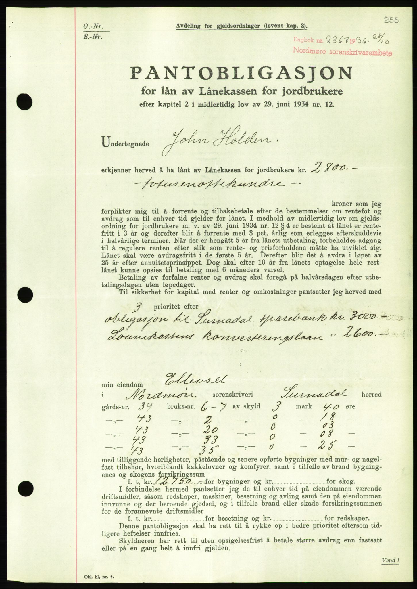 Nordmøre sorenskriveri, AV/SAT-A-4132/1/2/2Ca/L0090: Mortgage book no. B80, 1936-1937, Diary no: : 2367/1936