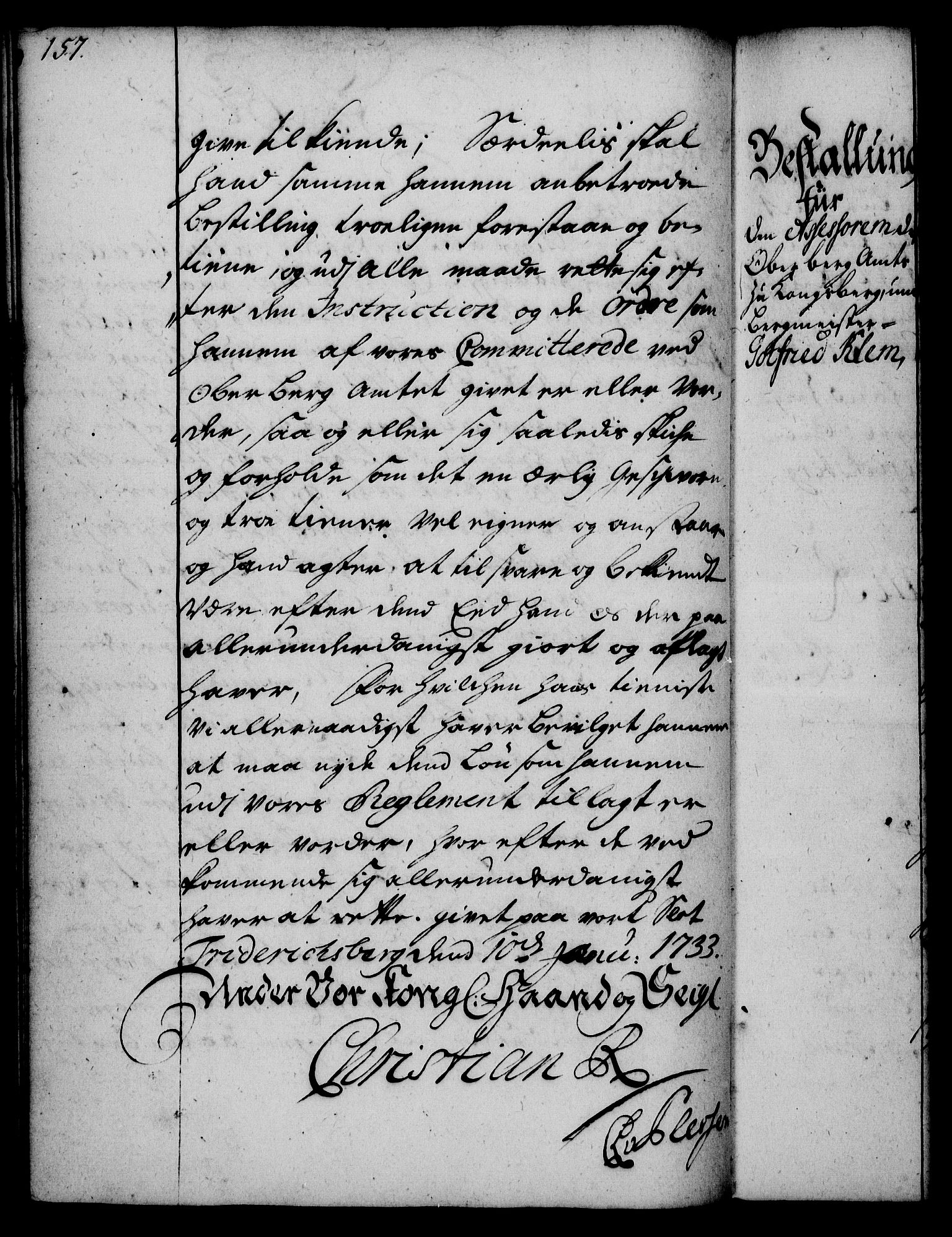 Rentekammeret, Kammerkanselliet, RA/EA-3111/G/Gg/Gge/L0002: Norsk bestallingsprotokoll med register (merket RK 53.26), 1730-1744, p. 157