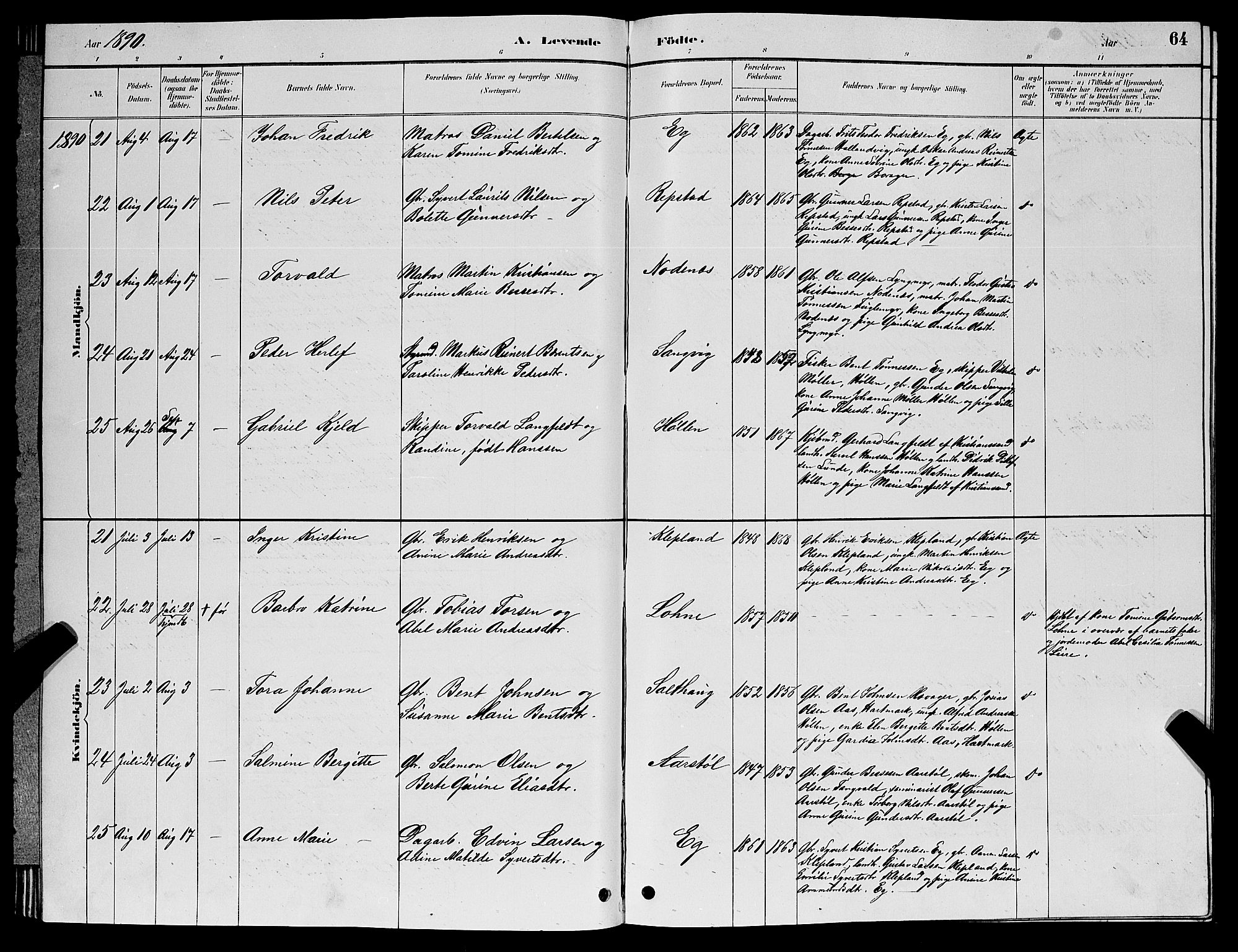 Søgne sokneprestkontor, SAK/1111-0037/F/Fb/Fbb/L0005: Parish register (copy) no. B 5, 1884-1891, p. 64