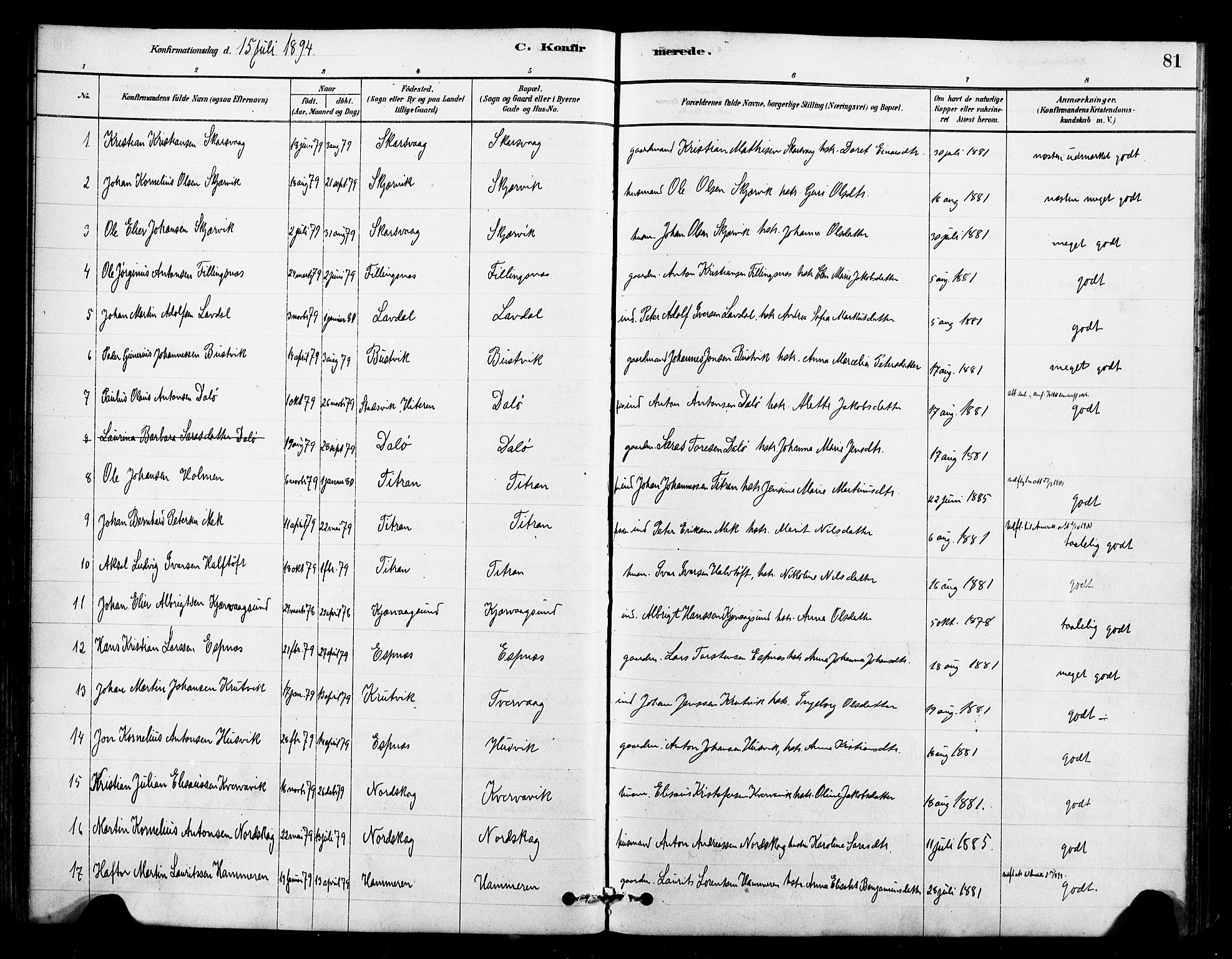 Ministerialprotokoller, klokkerbøker og fødselsregistre - Sør-Trøndelag, SAT/A-1456/641/L0595: Parish register (official) no. 641A01, 1882-1897, p. 81