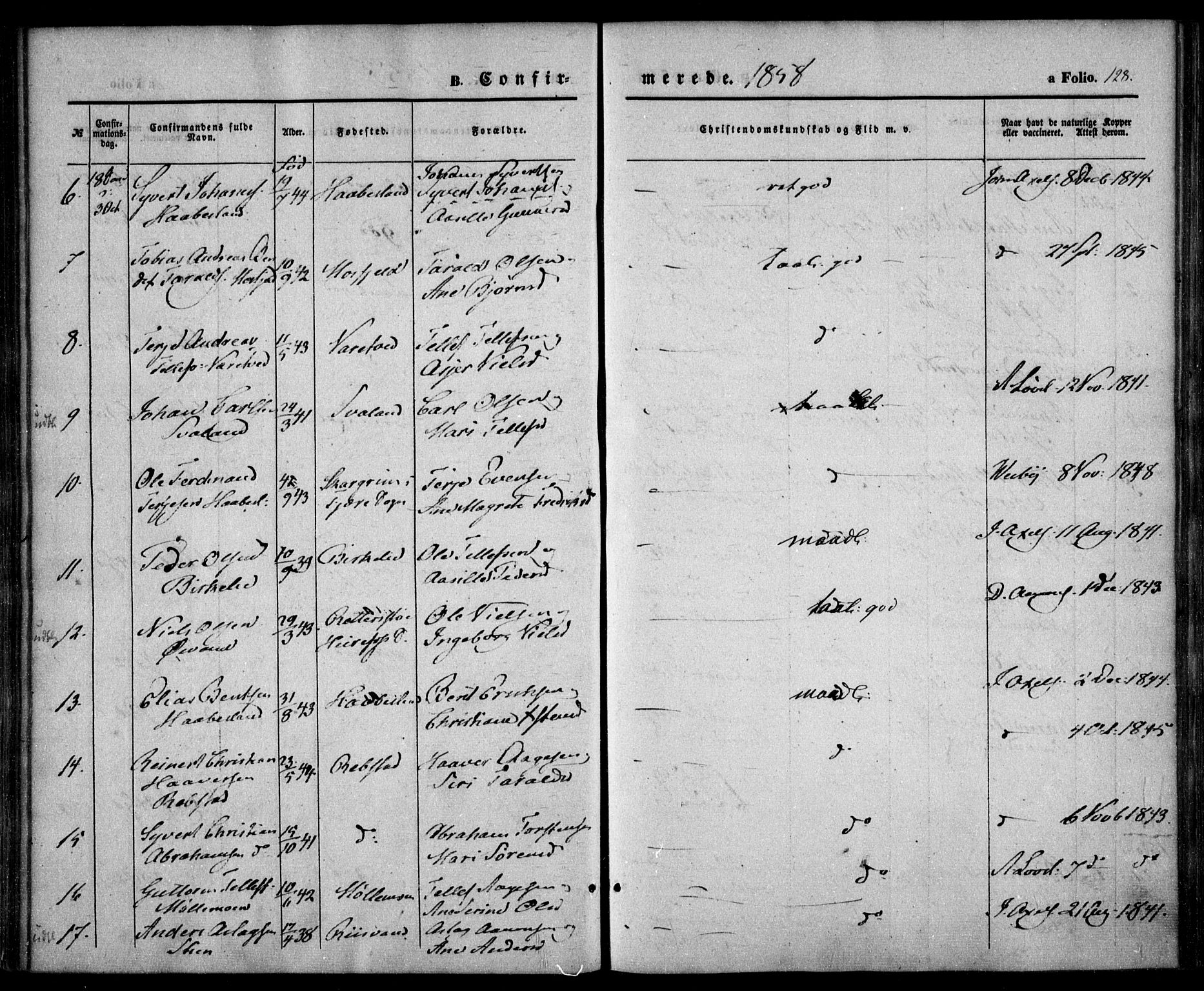 Birkenes sokneprestkontor, AV/SAK-1111-0004/F/Fa/L0003: Parish register (official) no. A 3, 1850-1866, p. 128