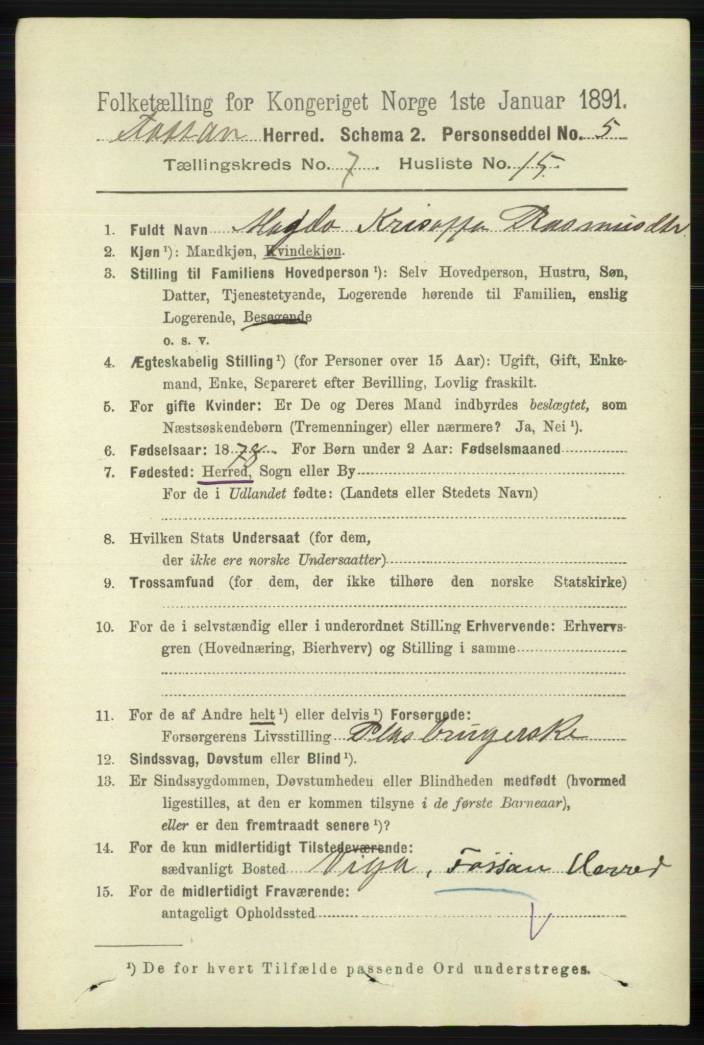 RA, 1891 census for 1129 Forsand, 1891, p. 1300