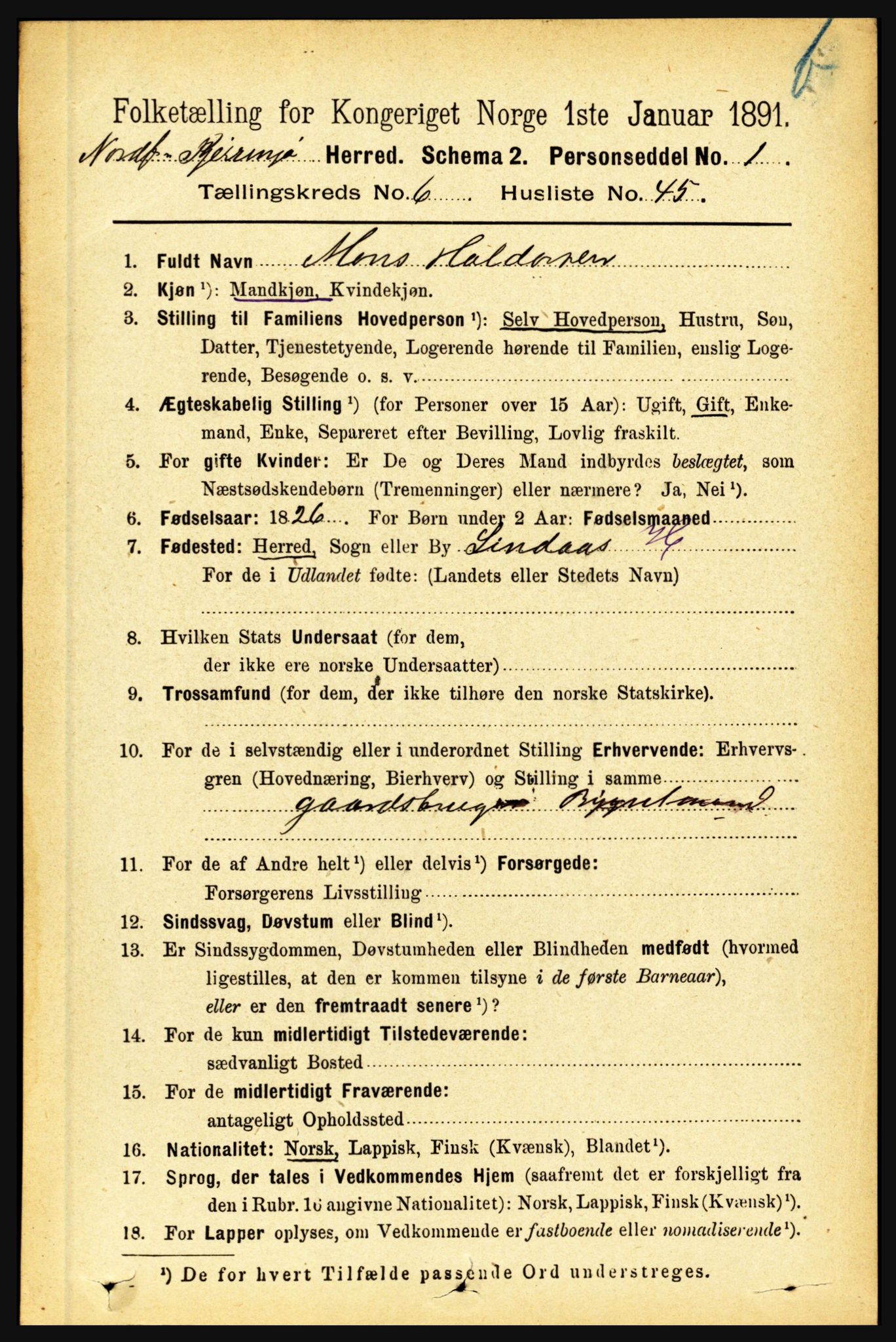 RA, 1891 census for 1846 Nordfold-Kjerringøy, 1891, p. 1682