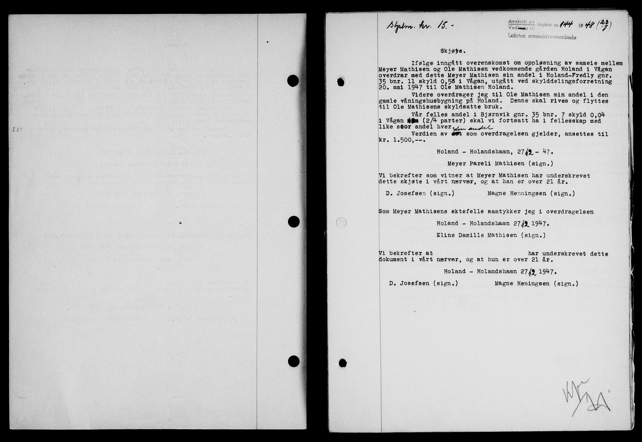 Lofoten sorenskriveri, SAT/A-0017/1/2/2C/L0017a: Mortgage book no. 17a, 1947-1948, Diary no: : 144/1948