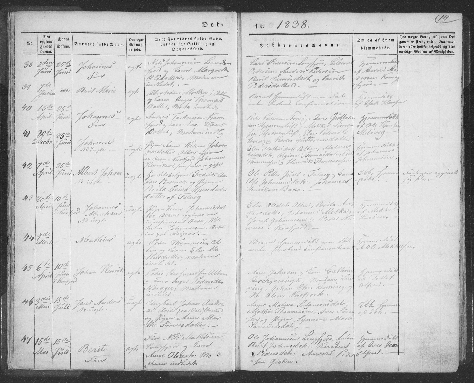 Talvik sokneprestkontor, AV/SATØ-S-1337/H/Ha/L0009kirke: Parish register (official) no. 9, 1837-1852, p. 14