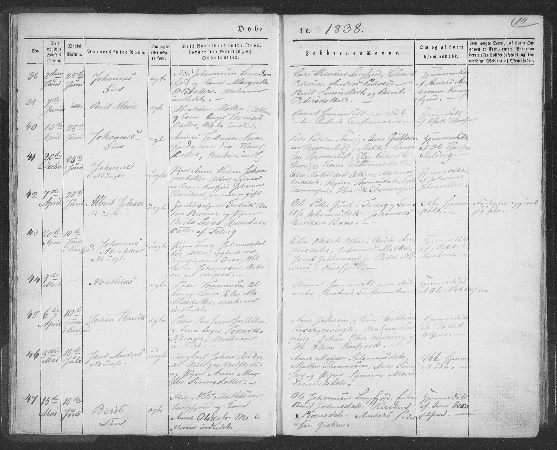 Talvik sokneprestkontor, SATØ/S-1337/H/Ha/L0009kirke: Parish register (official) no. 9, 1837-1852, p. 14