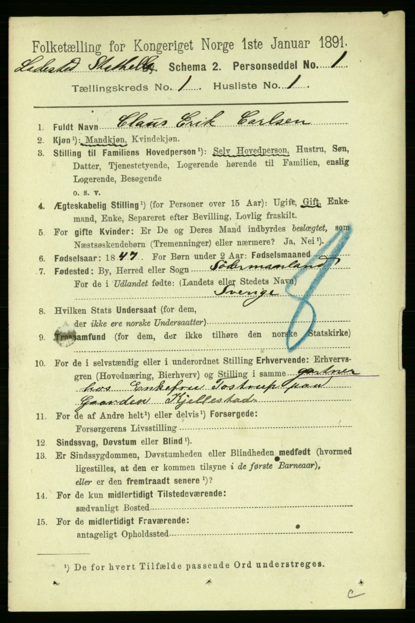 RA, 1891 census for 0803 Stathelle, 1891, p. 11
