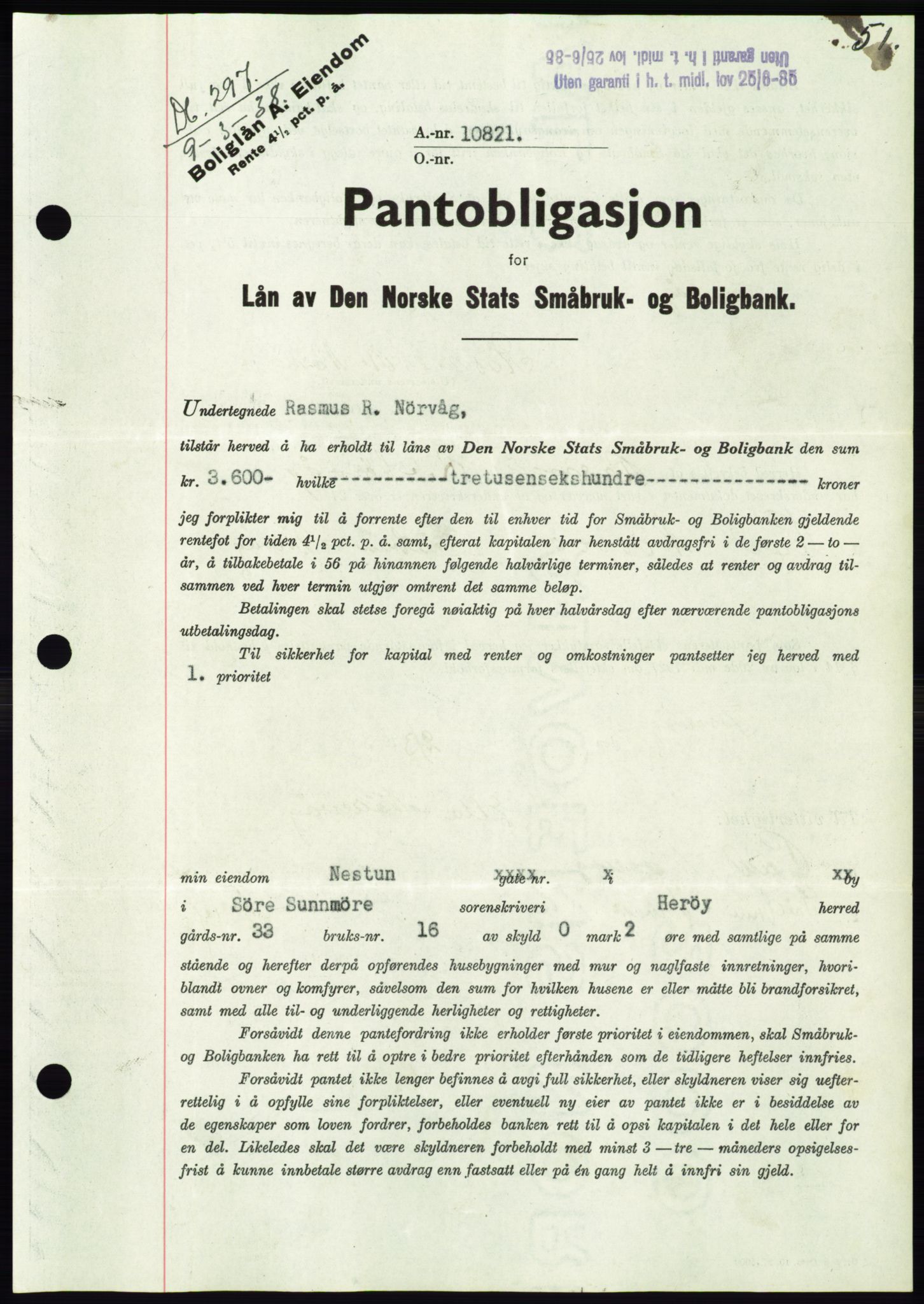 Søre Sunnmøre sorenskriveri, AV/SAT-A-4122/1/2/2C/L0065: Mortgage book no. 59, 1938-1938, Diary no: : 297/1938