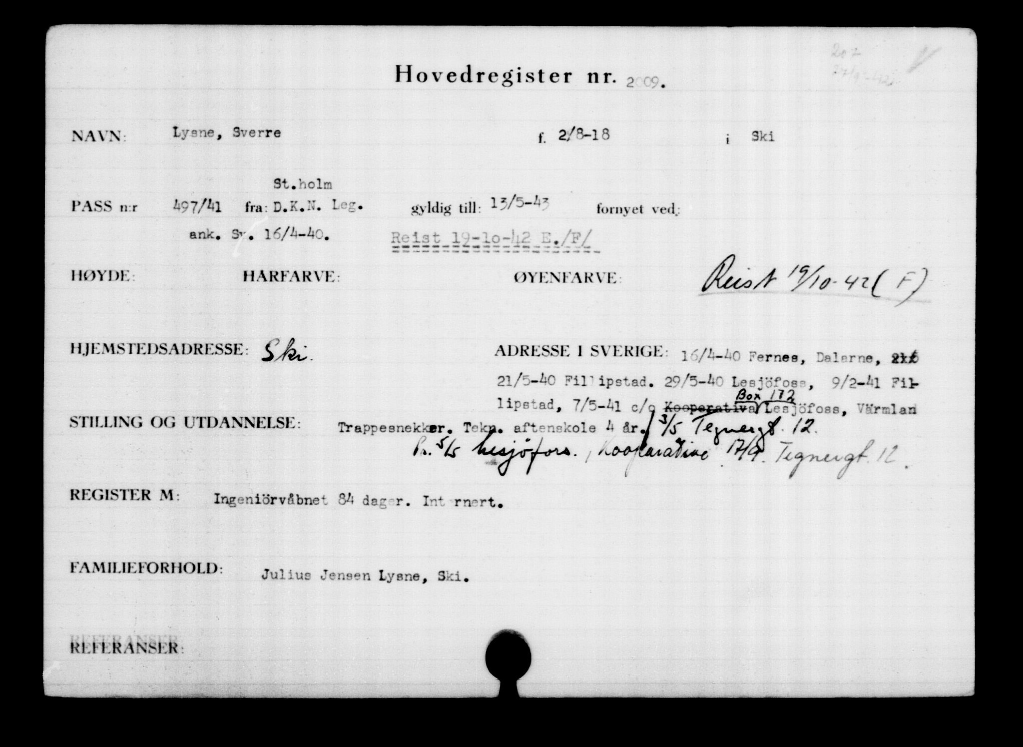 Utenriksstasjonene, Legasjonen i Stockholm, Flyktningkontoret, AV/RA-S-6753/V/Va/L0003: Kjesäterkartoteket, flyktninger med registreringsnr. 2001-3495, 1940-1945, p. 13