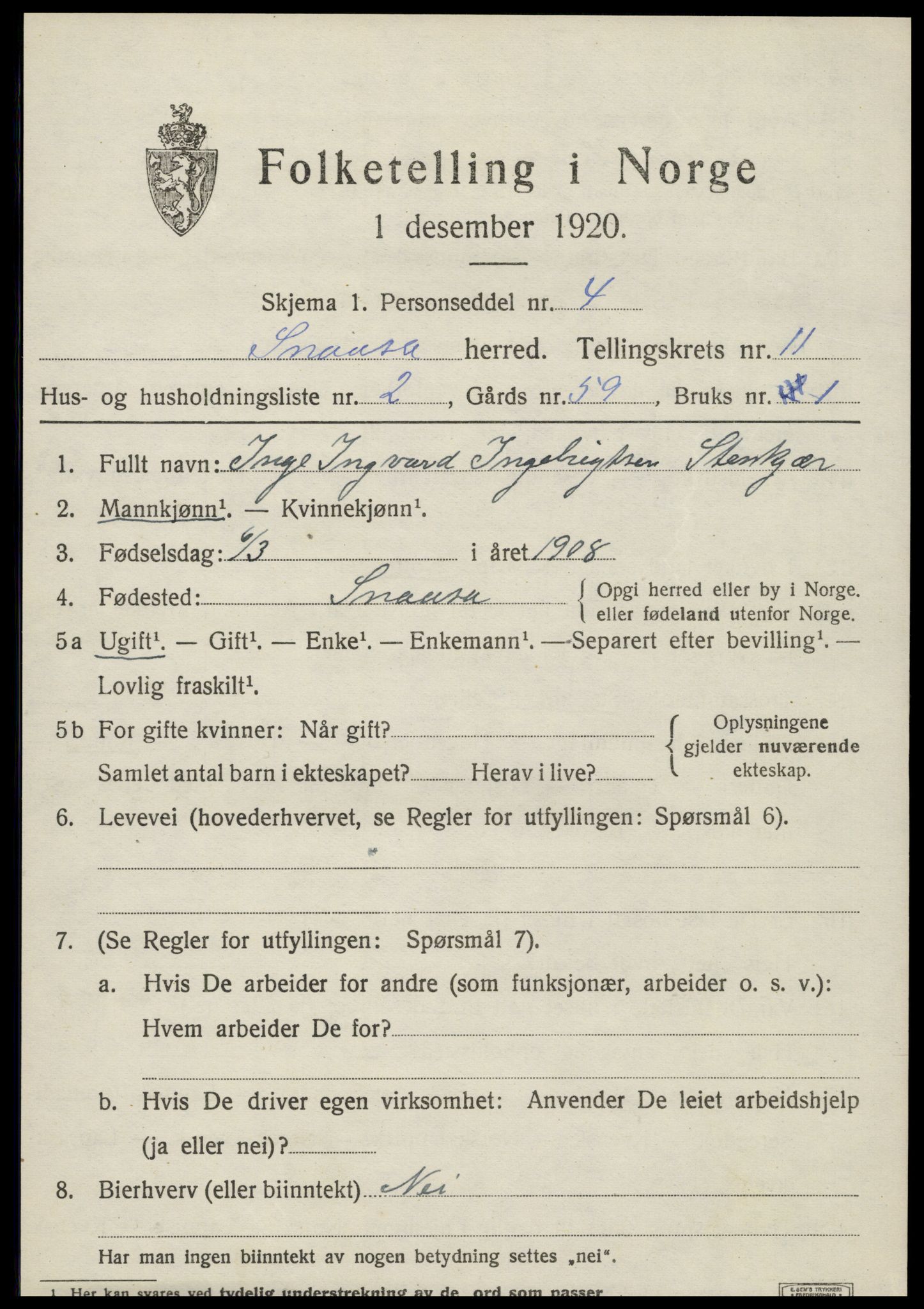 SAT, 1920 census for Snåsa, 1920, p. 5012