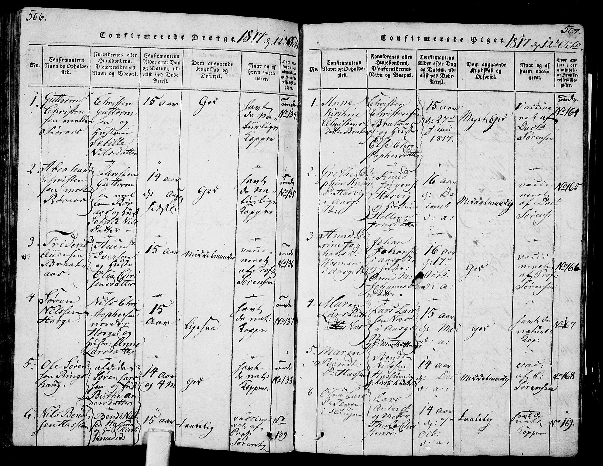 Sem kirkebøker, SAKO/A-5/G/Ga/L0001: Parish register (copy) no. I 1, 1814-1825, p. 506-507