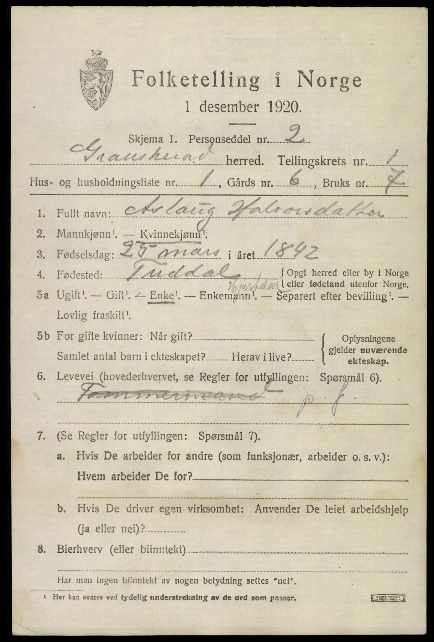 SAKO, 1920 census for Gransherad, 1920, p. 536