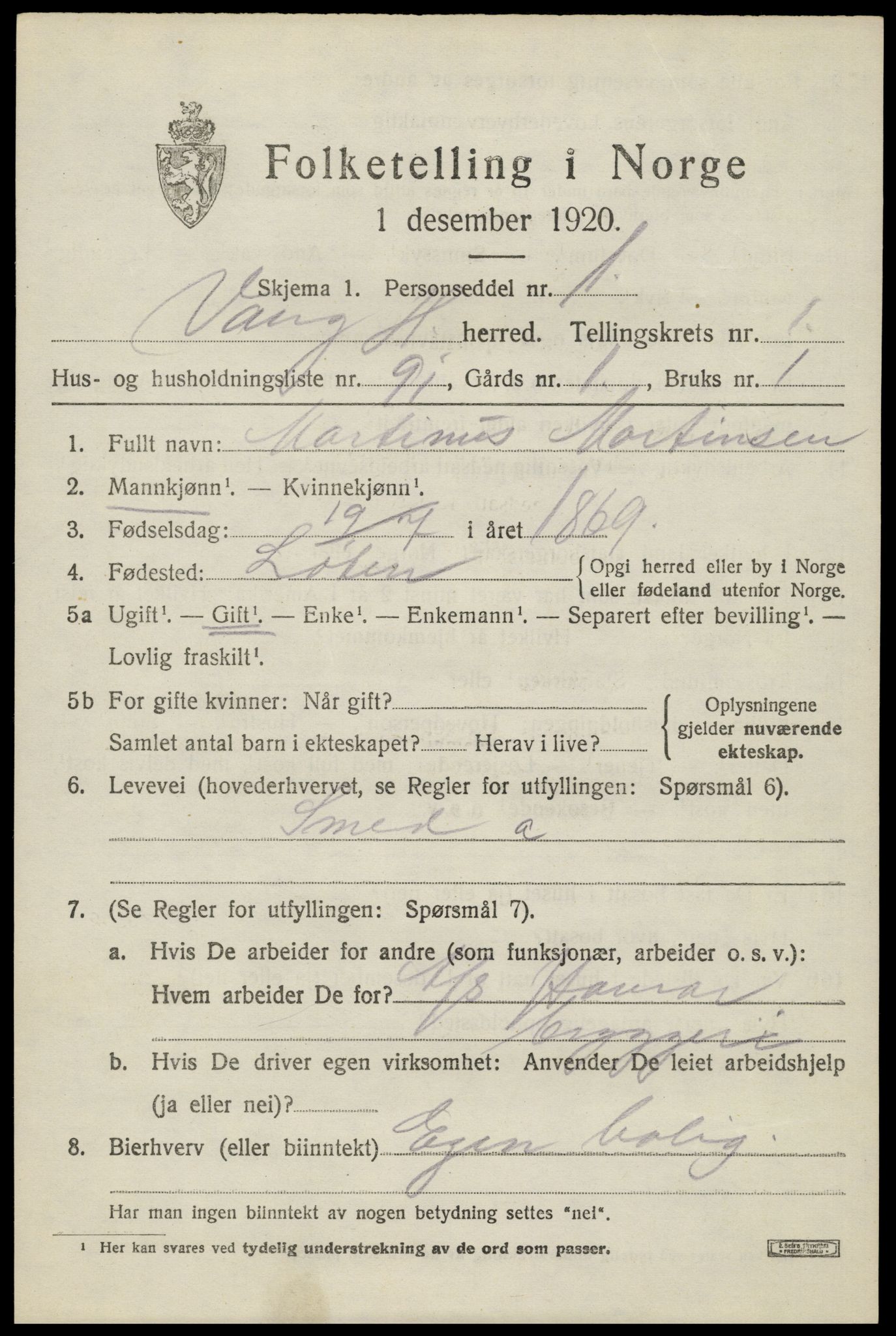 SAH, 1920 census for Vang (Hedmark), 1920, p. 4209