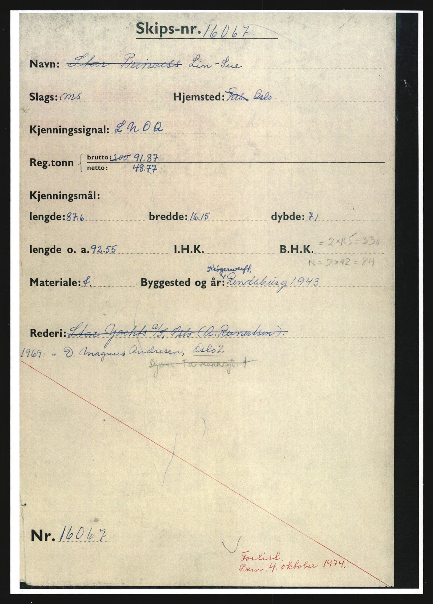 Sjøfartsdirektoratet med forløpere, skipsmapper slettede skip, AV/RA-S-4998/F/Fd/L0217/0002: Sletta mapper 1973-2003 Hovedliste / 16067, LIN-SUE, LNOQ, 1966-1972, p. 1