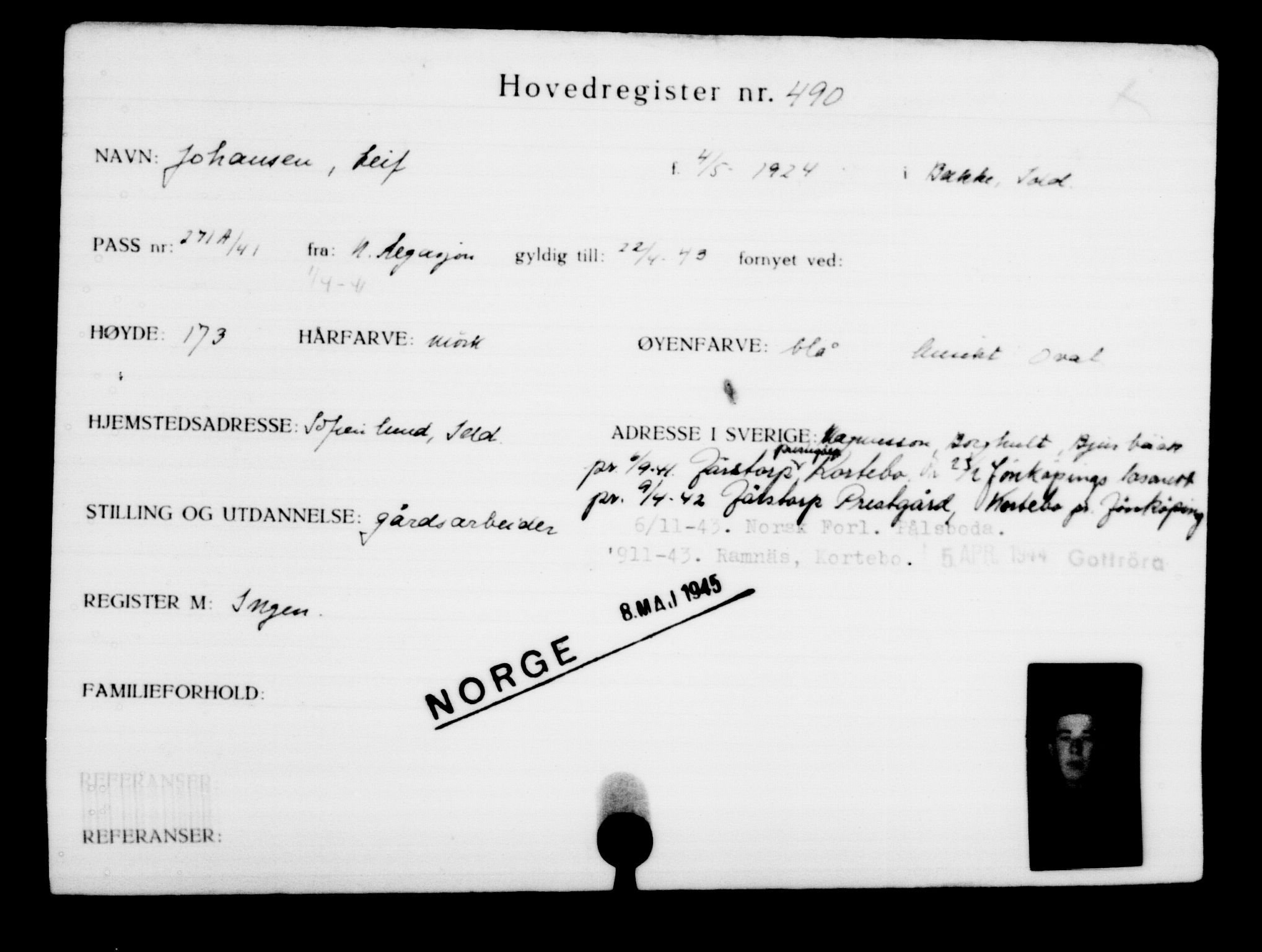 Utenriksstasjonene, Legasjonen i Stockholm, Flyktningkontoret, AV/RA-S-6753/V/Va/L0001: Kjesäterkartoteket, flyktninger med registreringsnr. 1-1000, 1940-1945, p. 756