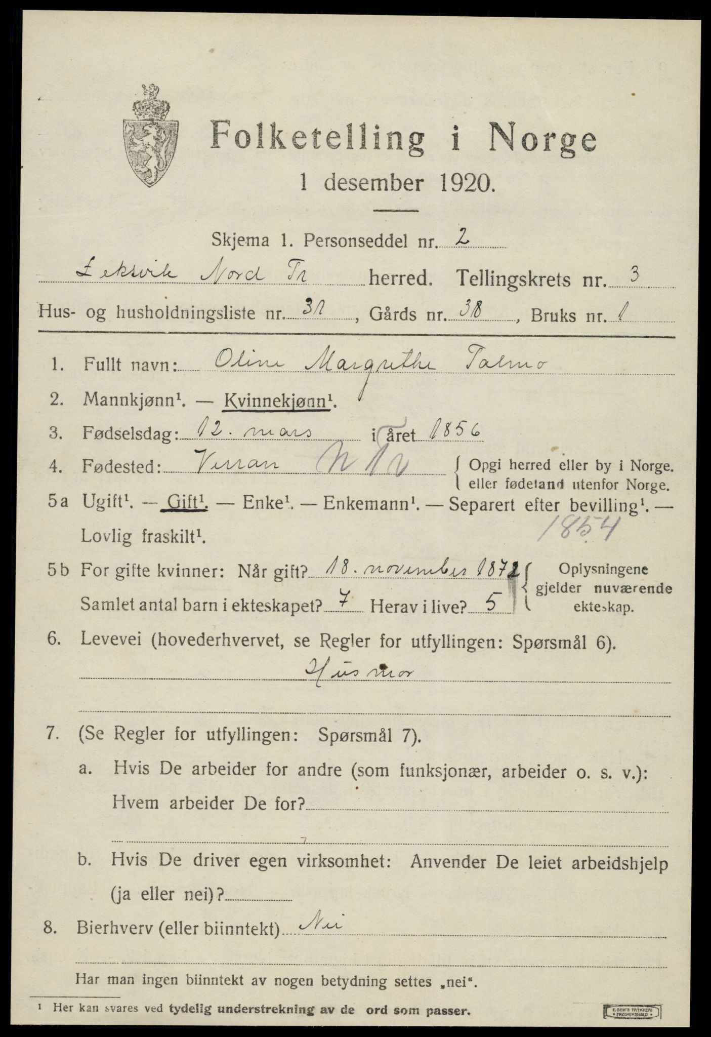 SAT, 1920 census for Leksvik, 1920, p. 3260