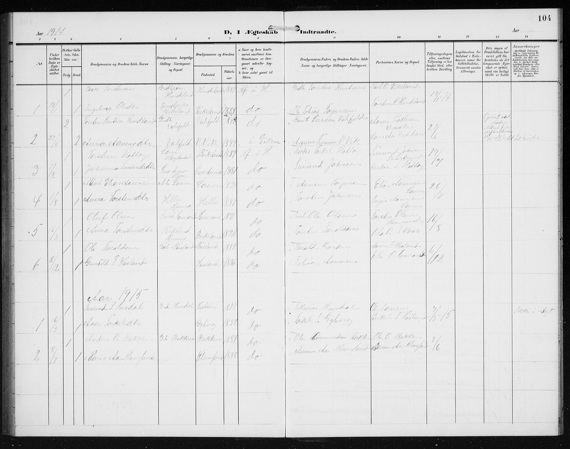 Hægebostad sokneprestkontor, SAK/1111-0024/F/Fb/Fba/L0005: Parish register (copy) no. B 5, 1907-1931, p. 104