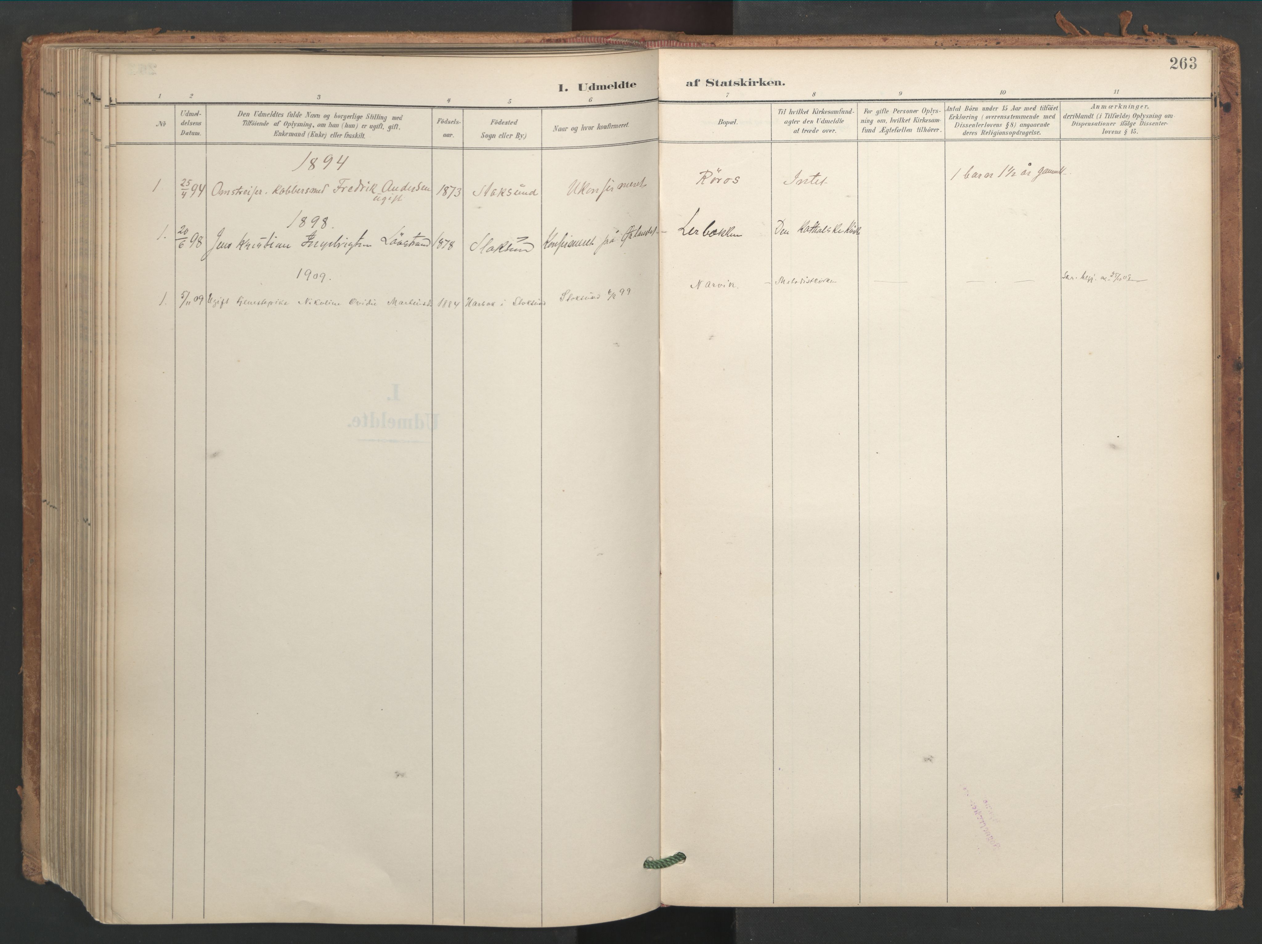 Ministerialprotokoller, klokkerbøker og fødselsregistre - Sør-Trøndelag, AV/SAT-A-1456/656/L0693: Parish register (official) no. 656A02, 1894-1913, p. 263