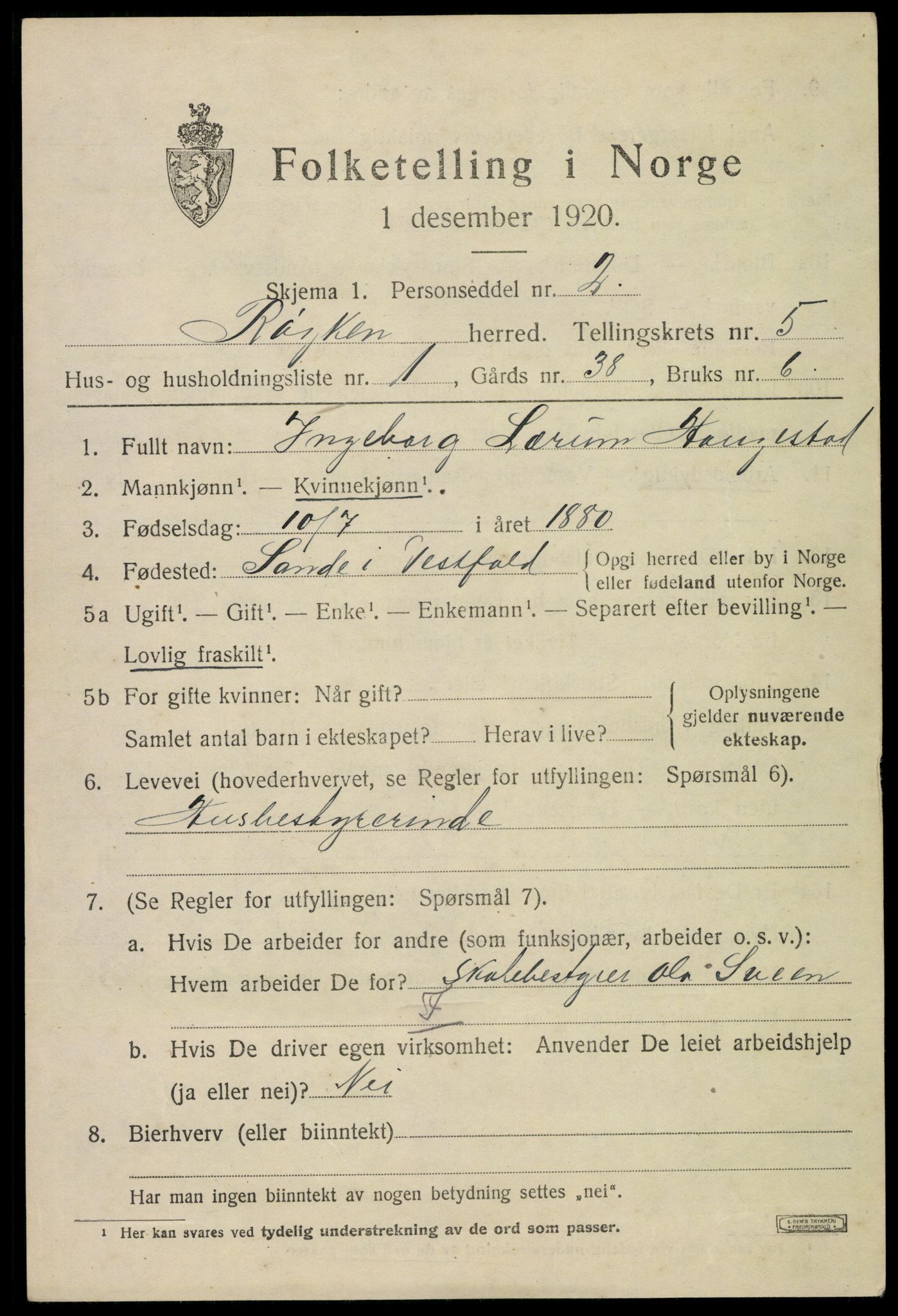 SAKO, 1920 census for Røyken, 1920, p. 6656