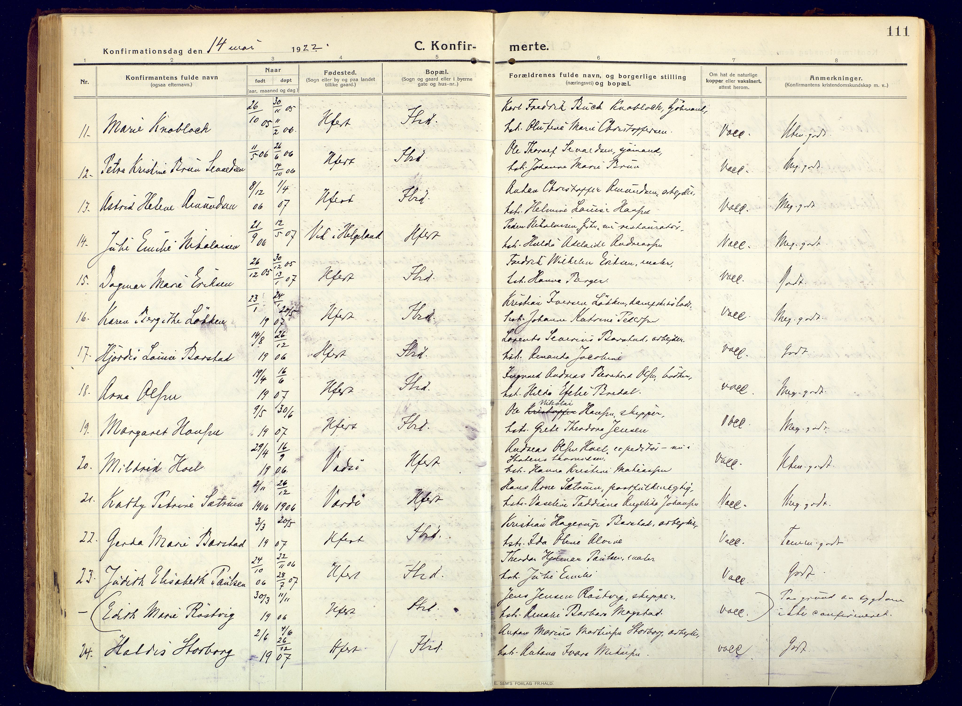 Hammerfest sokneprestkontor, SATØ/S-1347/H/Ha/L0015.kirke: Parish register (official) no. 15, 1916-1923, p. 111