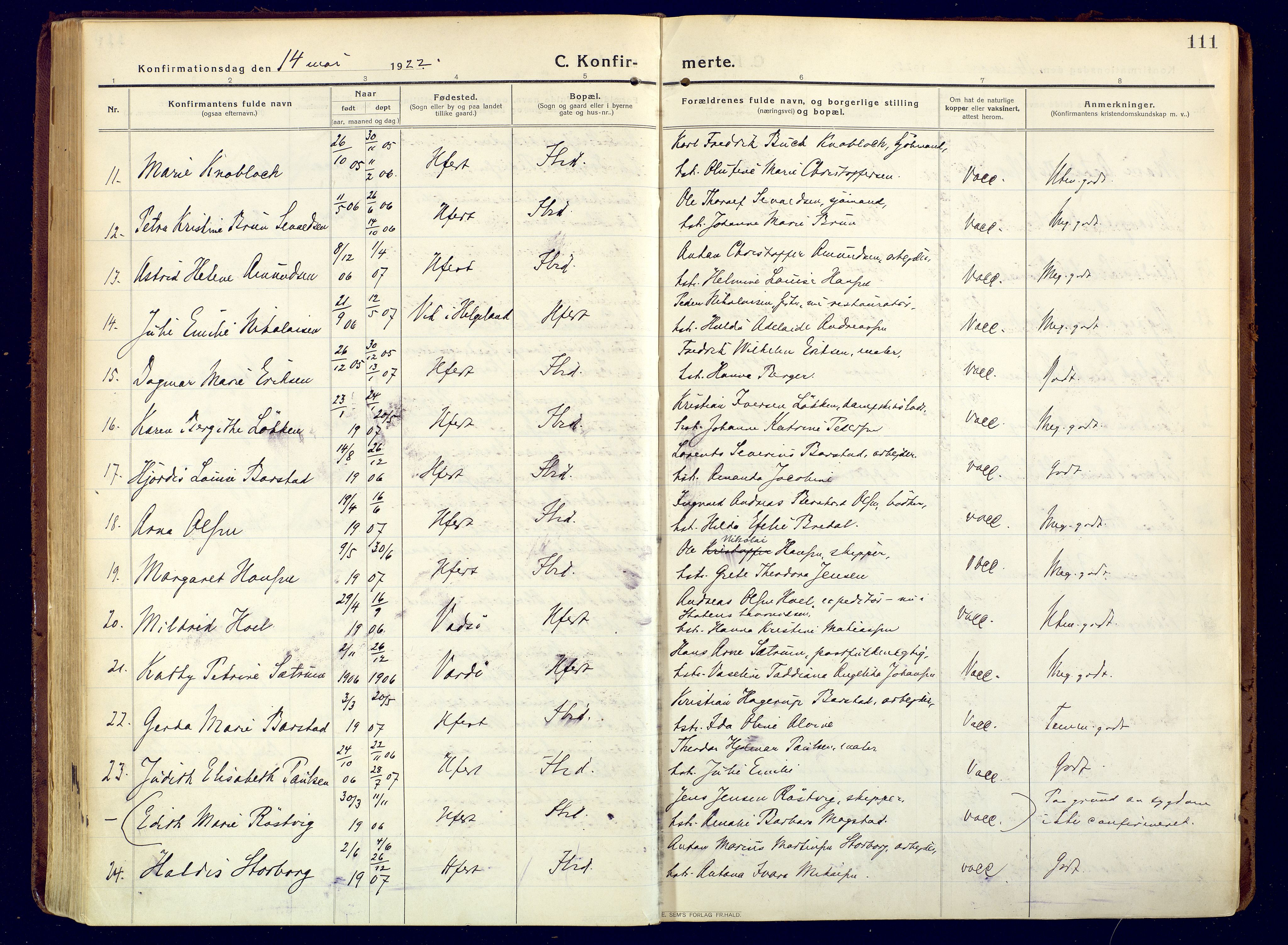 Hammerfest sokneprestkontor, AV/SATØ-S-1347/H/Ha/L0015.kirke: Parish register (official) no. 15, 1916-1923, p. 111