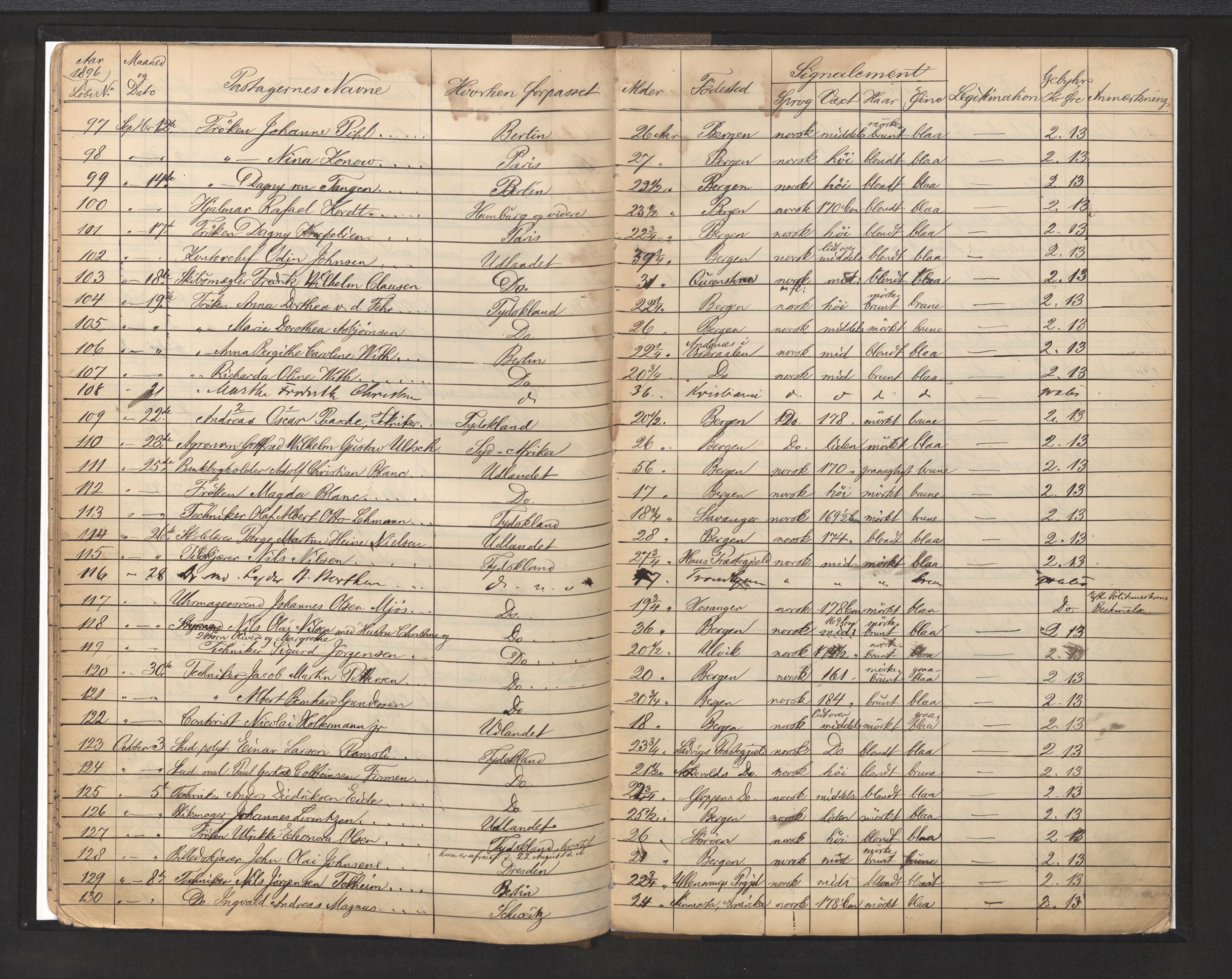 Bergen politikammer / politidistrikt, AV/SAB-A-60401/L/La/Lab/L0008: Passprotokoll, 1893-1901